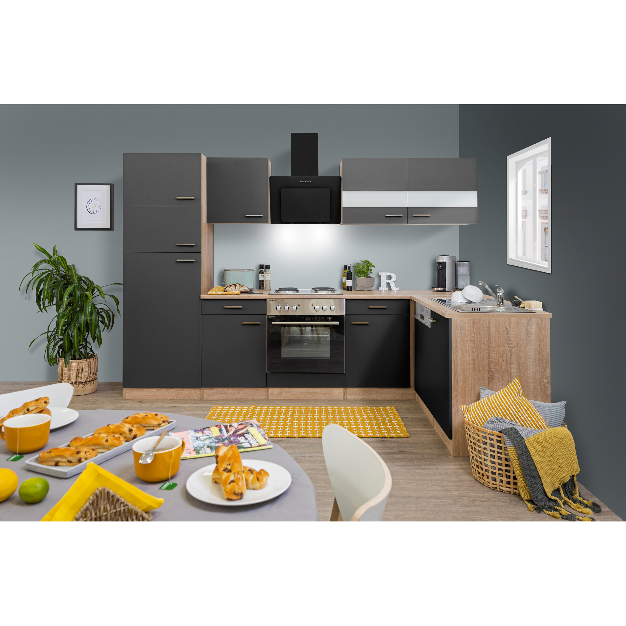 L-Küchenzeile 'Merle' mit E-Geräten KBL280ESGS grau/eichefarben 280 cm