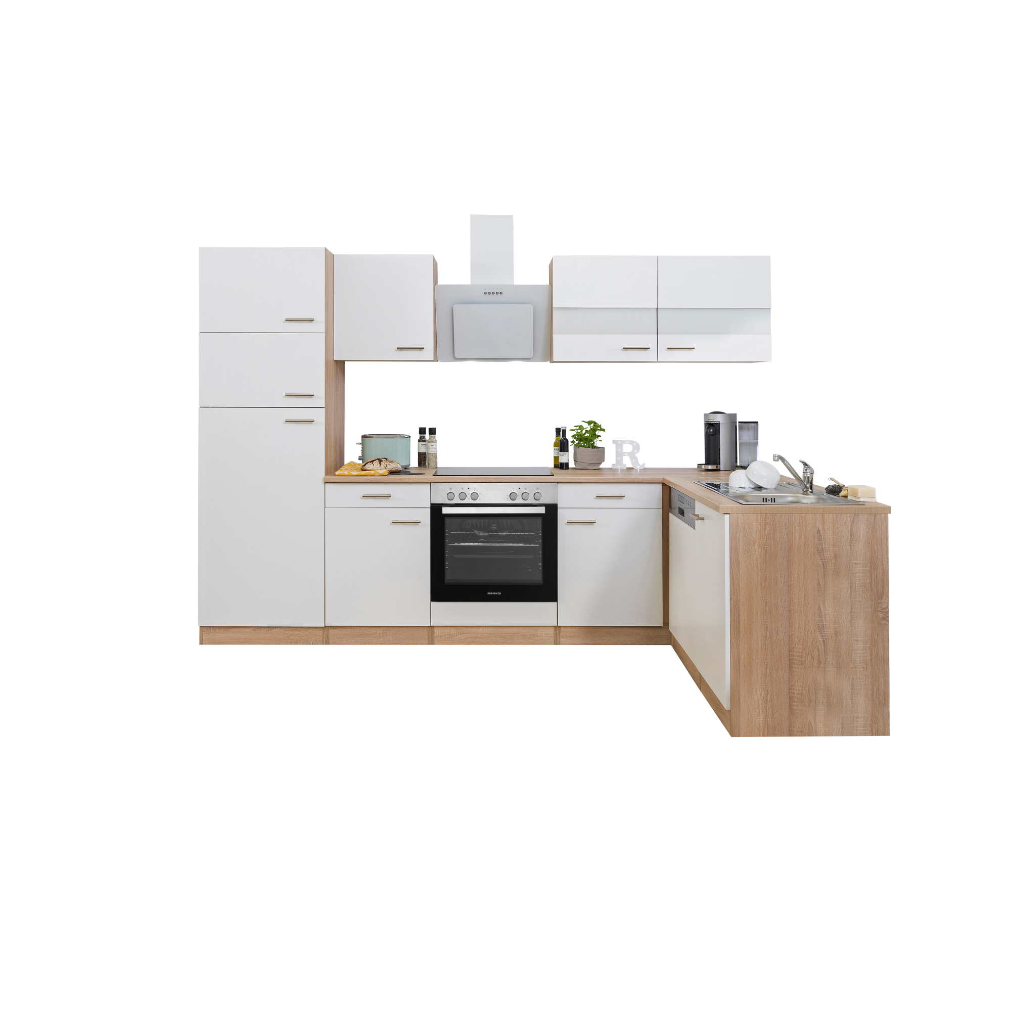 L-Küchenzeile 'Merle' mit E-Geräten KBL280ESWSC weiß/eichefarben 280 cm