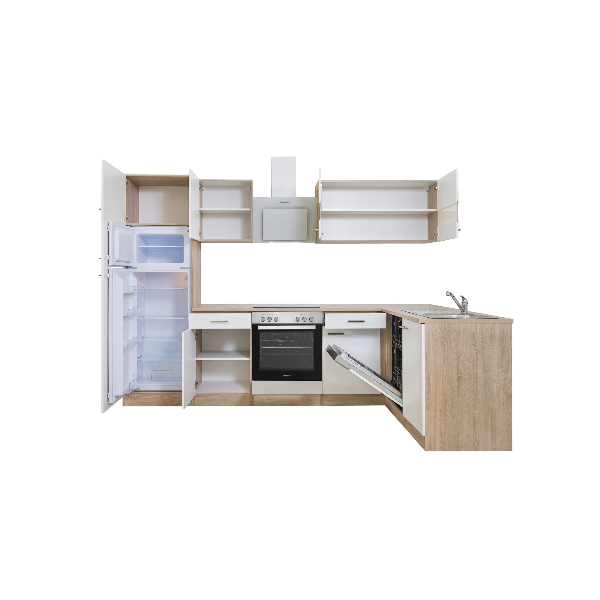 L-Küchenzeile 'Merle' mit E-Geräten KBL280ESWSC weiß/eichefarben 280 cm