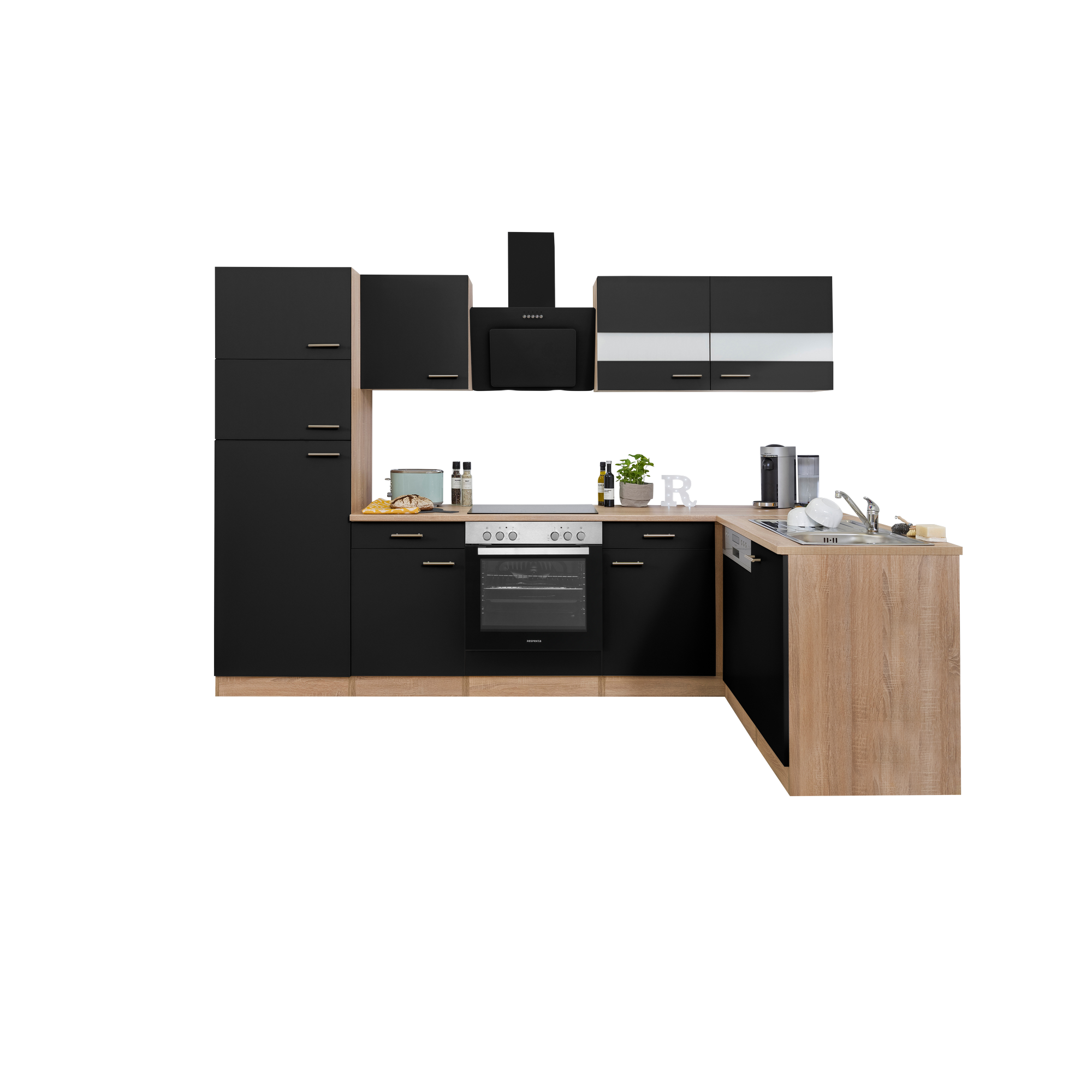 L-Küchenzeile 'Merle' mit E-Geräten KBL280ESSSC schwarz/eichefarben 280 cm