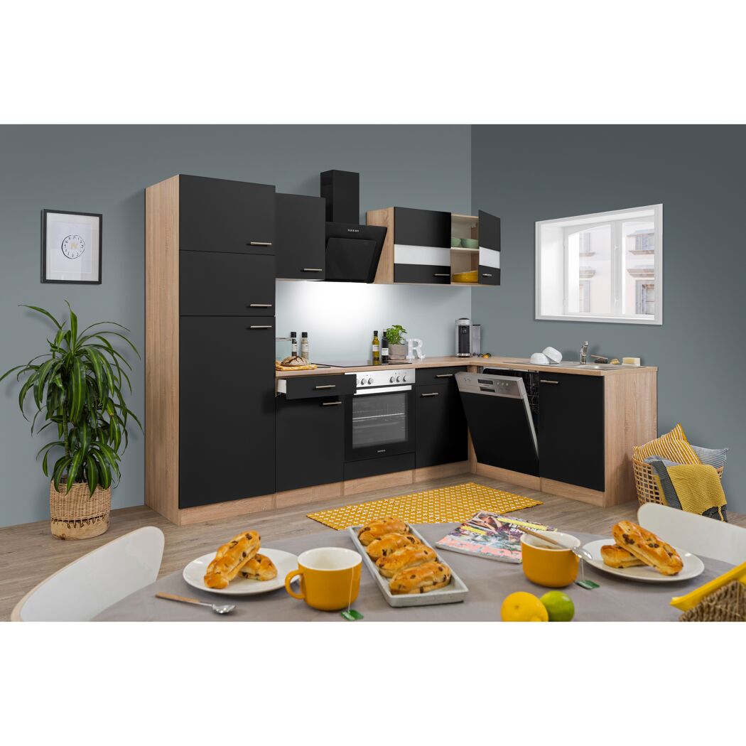 L-Küchenzeile 'Merle' mit E-Geräten KBL280ESSSC schwarz/eichefarben 280 cm