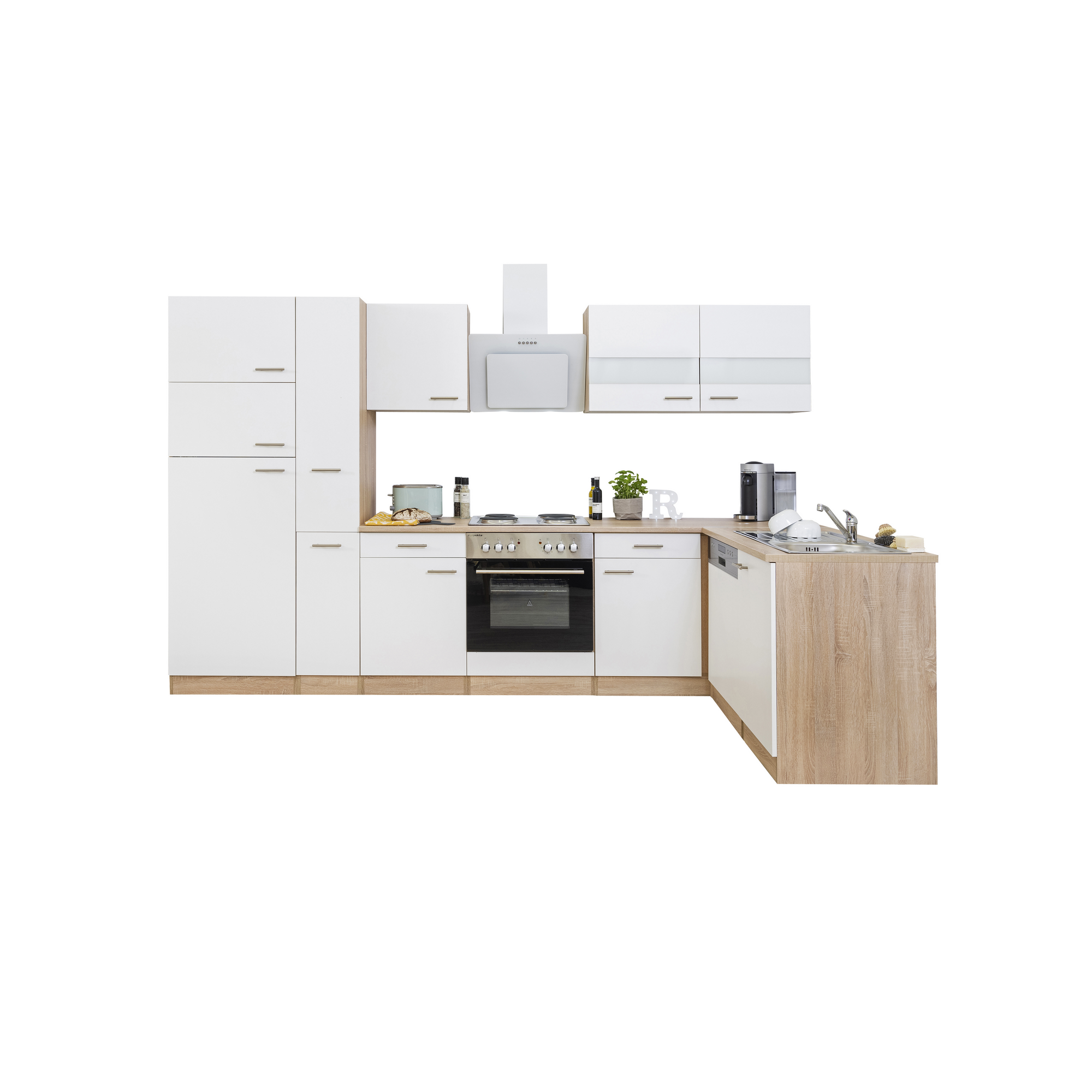L-Küchenzeile 'Merle' mit E-Geräten KBL310ESWS weiß/eichefarben 310 cm