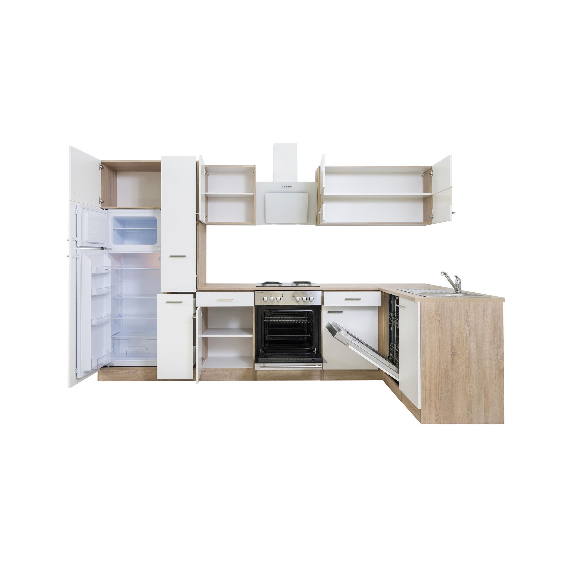 L-Küchenzeile 'Merle' mit E-Geräten KBL310ESWS weiß/eichefarben 310 cm