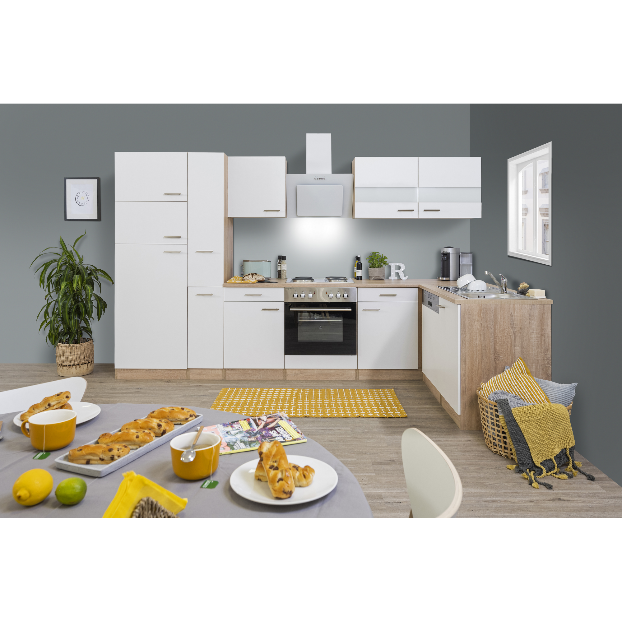 L-Küchenzeile 'Merle' mit E-Geräten KBL310ESWS weiß/eichefarben 310 cm