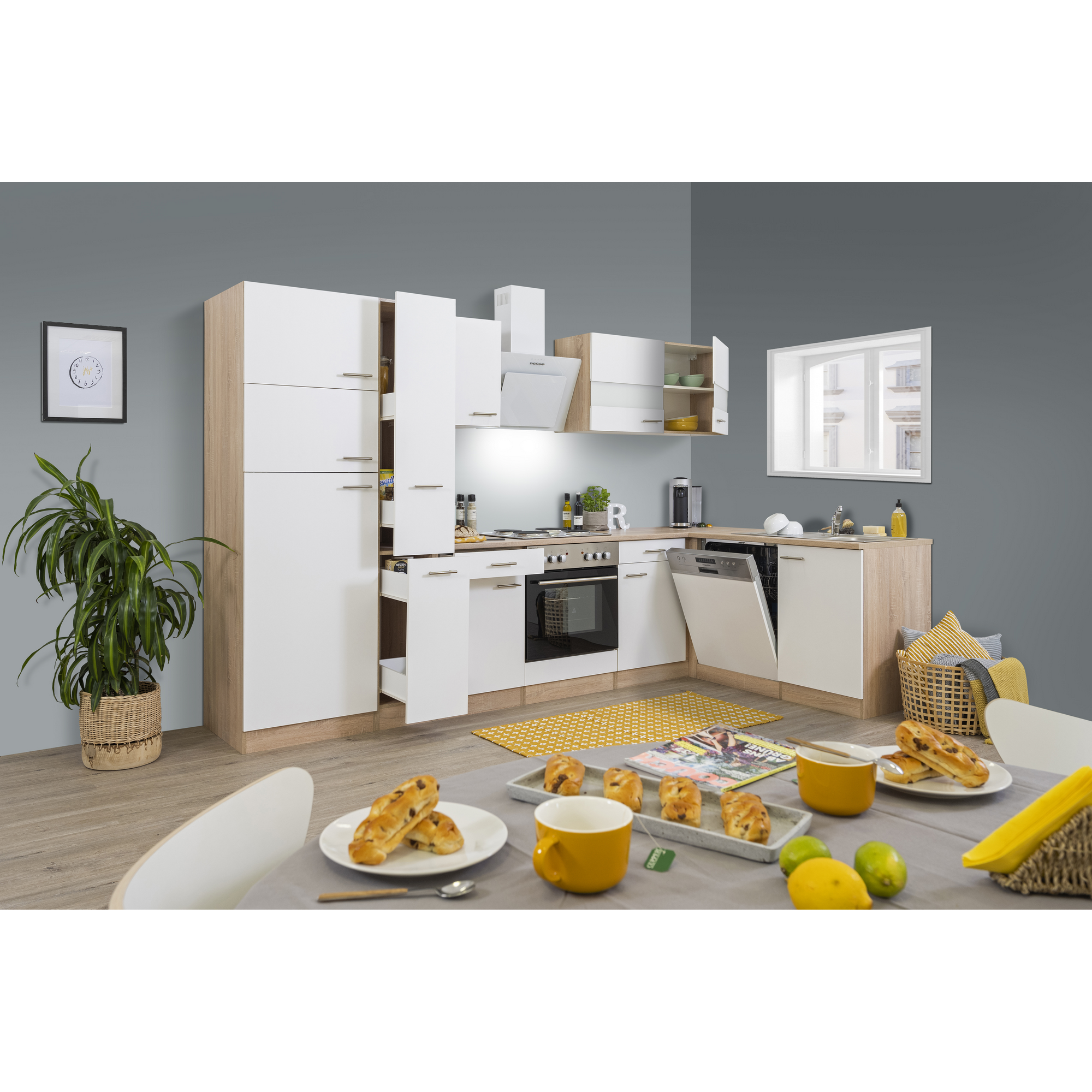 L-Küchenzeile 'Merle' mit E-Geräten KBL310ESWS weiß/eichefarben 310 cm