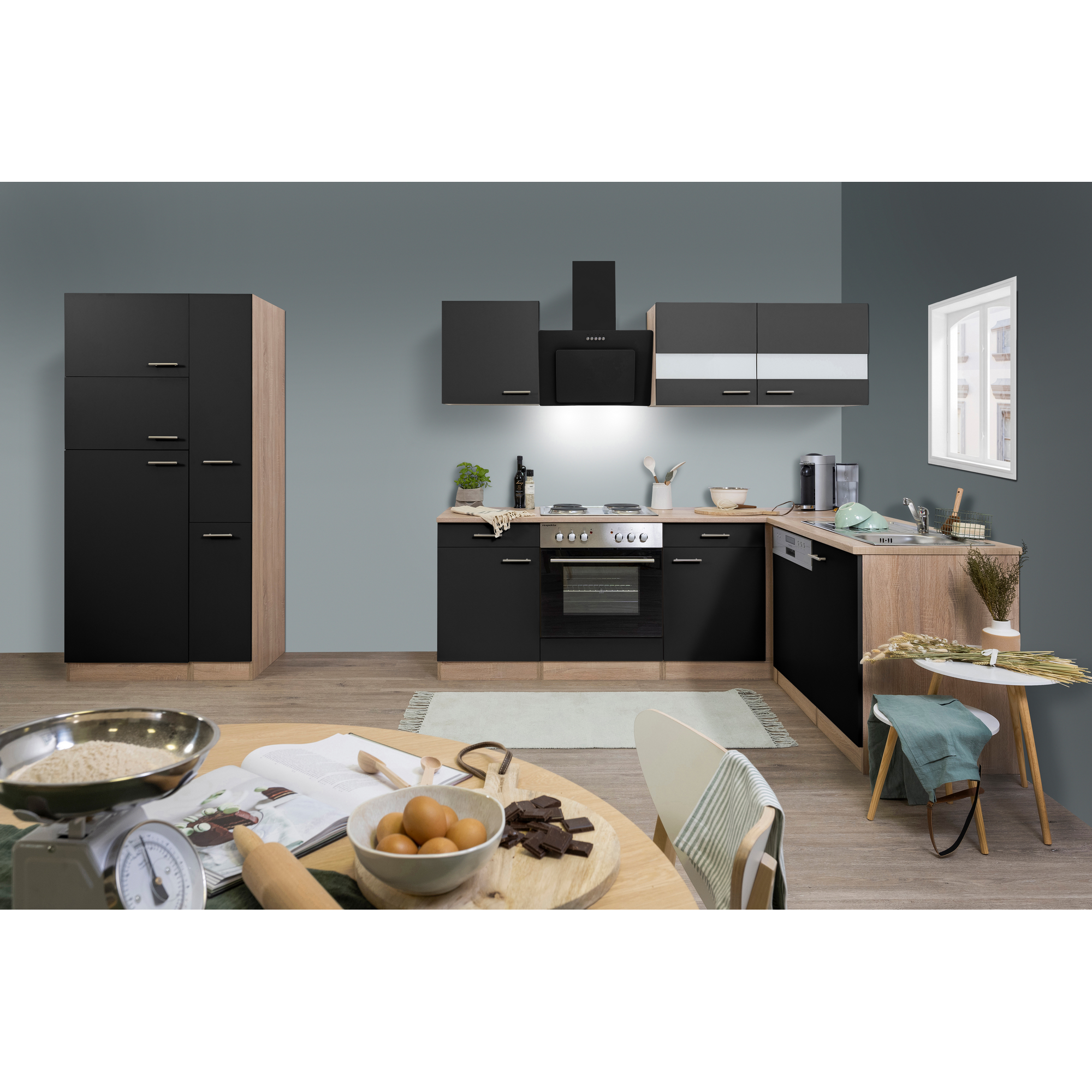 L-Küchenzeile 'Merle' mit E-Geräten KBL310ESSS schwarz/eichefarben 310 cm