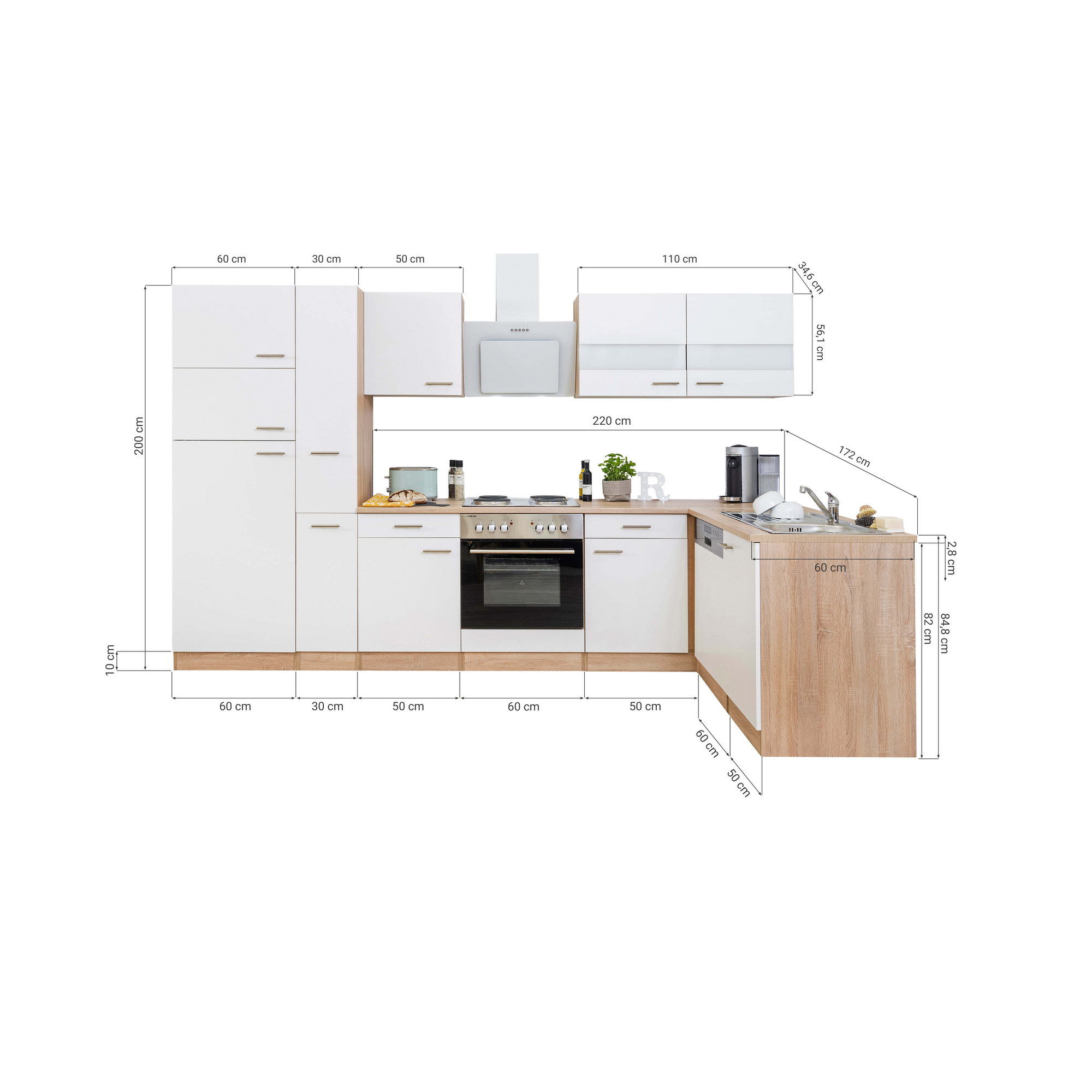 L-Küchenzeile 'Merle' mit E-Geräten KBL310ESSS schwarz/eichefarben 310 cm