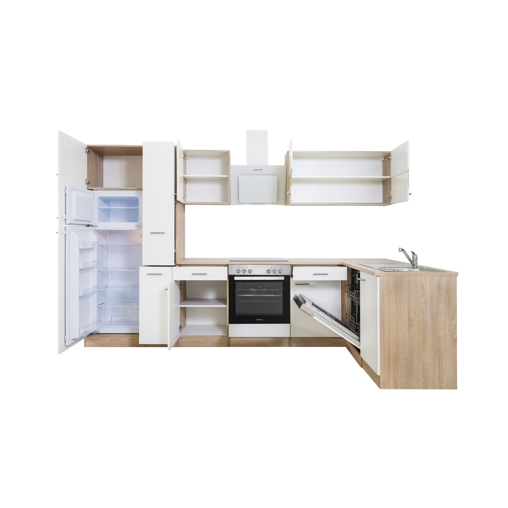 L-Küchenzeile 'Merle' mit E-Geräten KBL310ESWSC weiß/eichefarben 310 cm