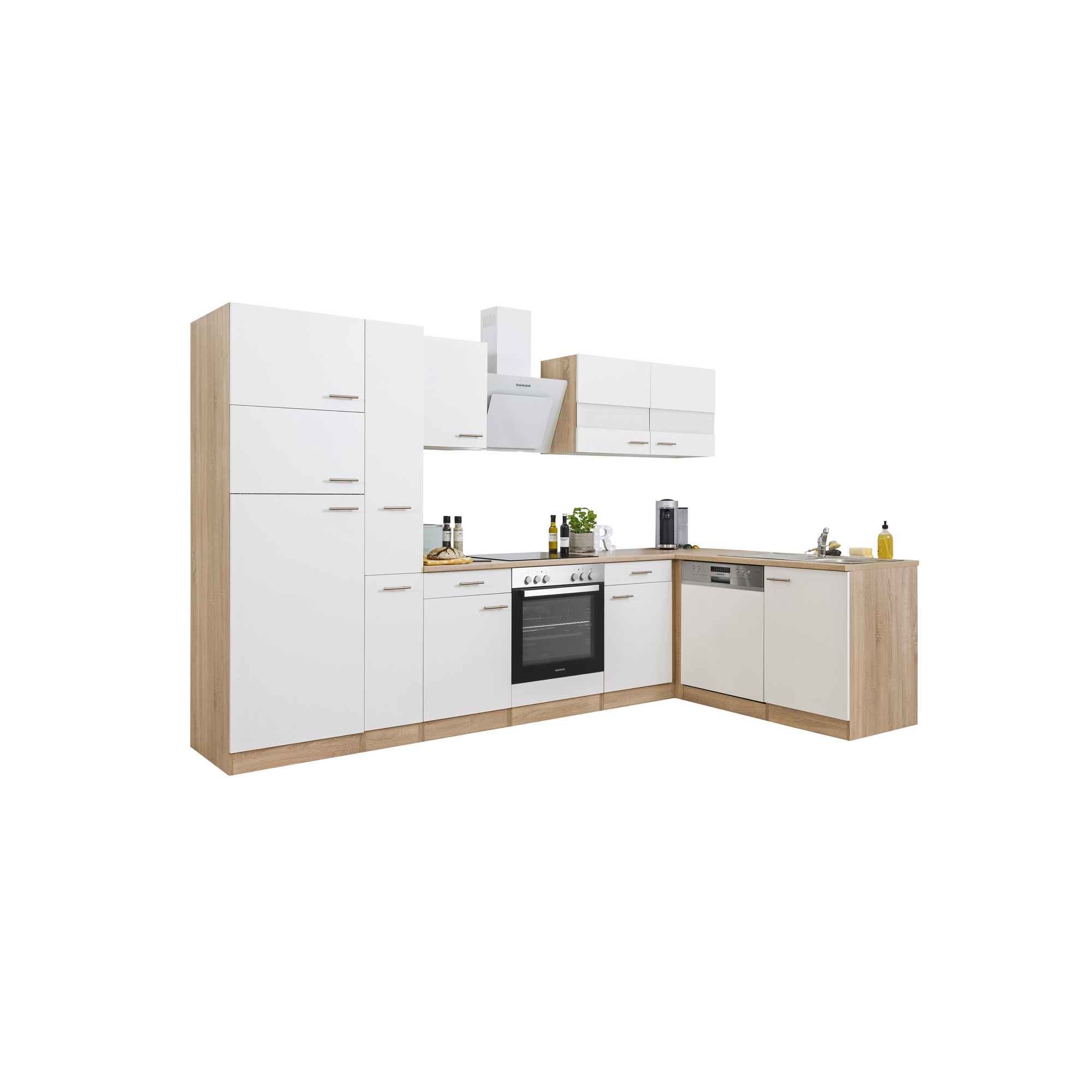 L-Küchenzeile 'Merle' mit E-Geräten KBL310ESWSC weiß/eichefarben 310 cm