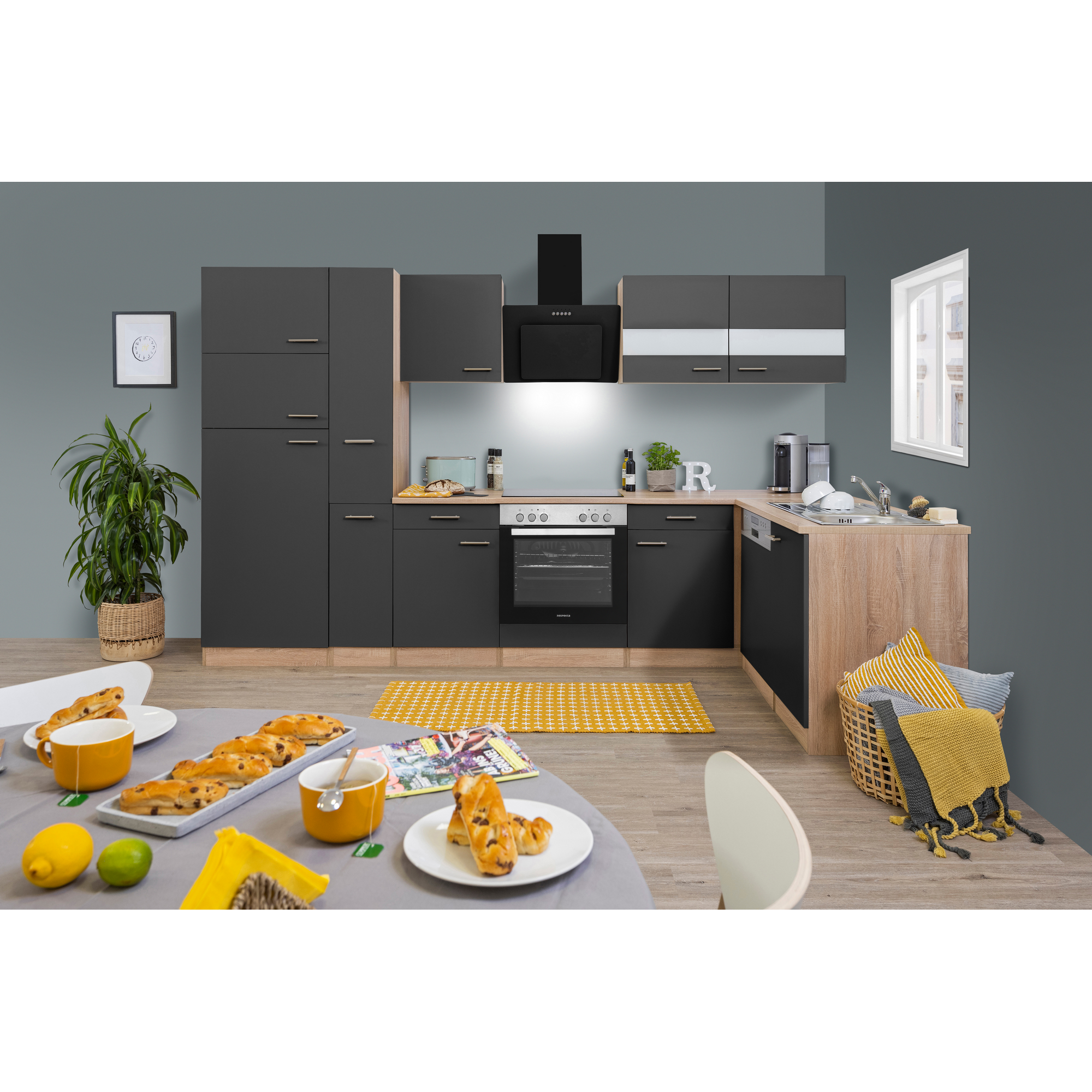 L-Küchenzeile 'Merle' mit E-Geräten KBL310ESGSC grau/eichefarben 310 cm