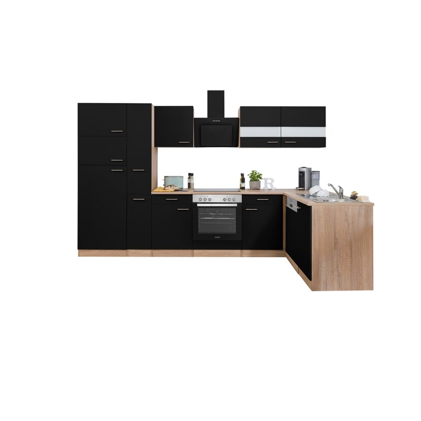 L-Küchenzeile 'Merle' mit E-Geräten KBL310ESSSC schwarz/eichefarben 310 cm