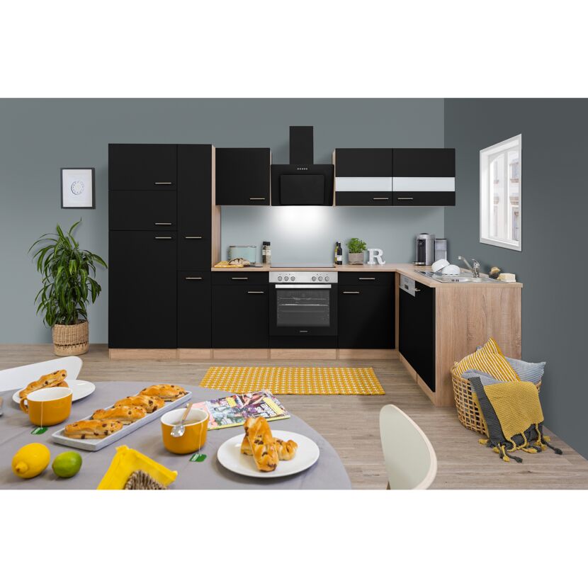 L-Küchenzeile 'Merle' mit E-Geräten KBL310ESSSC schwarz/eichefarben 310 cm
