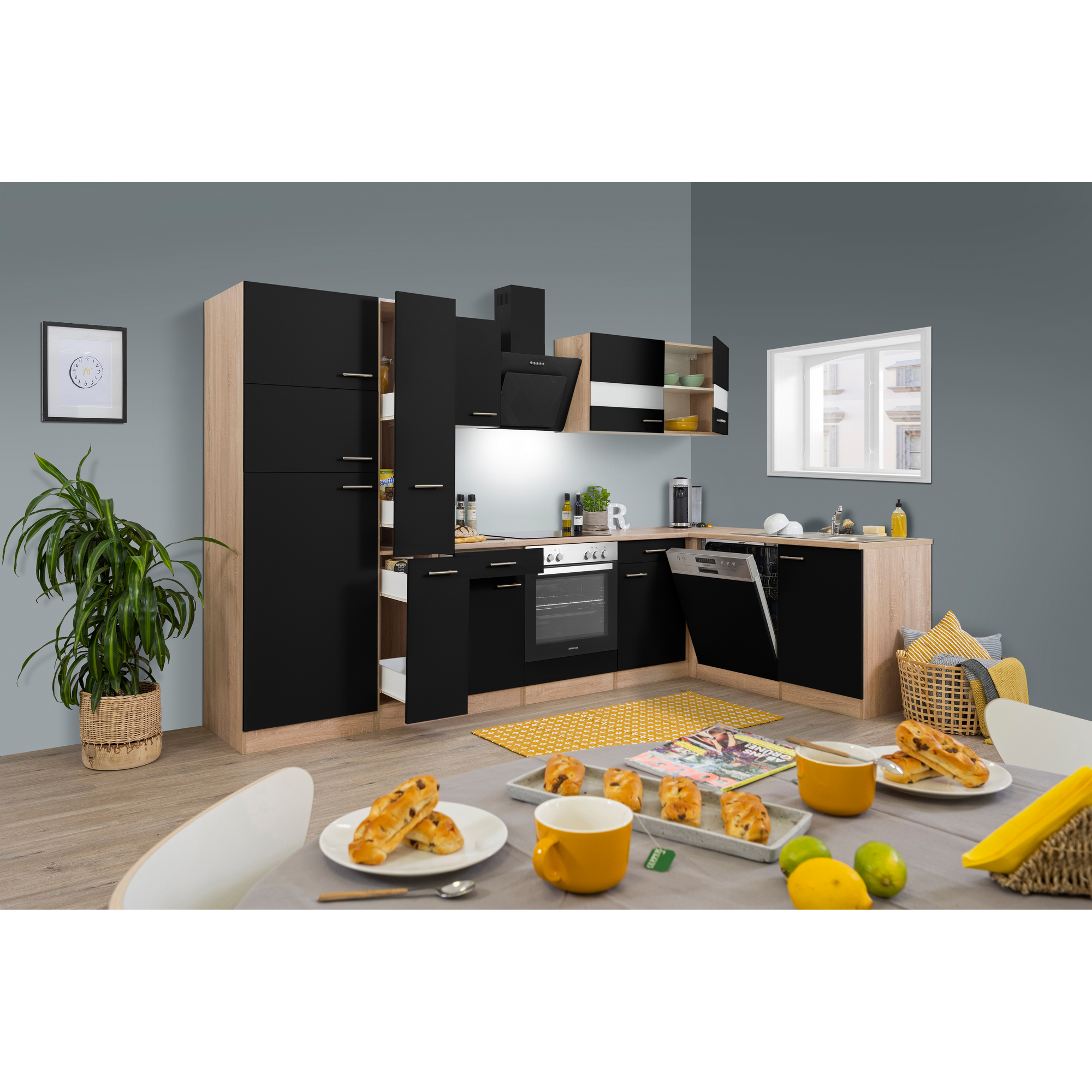 L-Küchenzeile 'Merle' mit E-Geräten KBL310ESSSC schwarz/eichefarben 310 cm