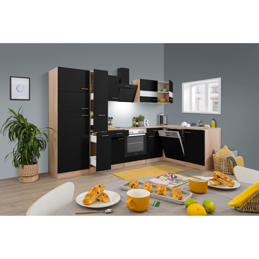 L-Küchenzeile 'Merle' mit E-Geräten KBL310ESSSC schwarz/eichefarben 310 cm
