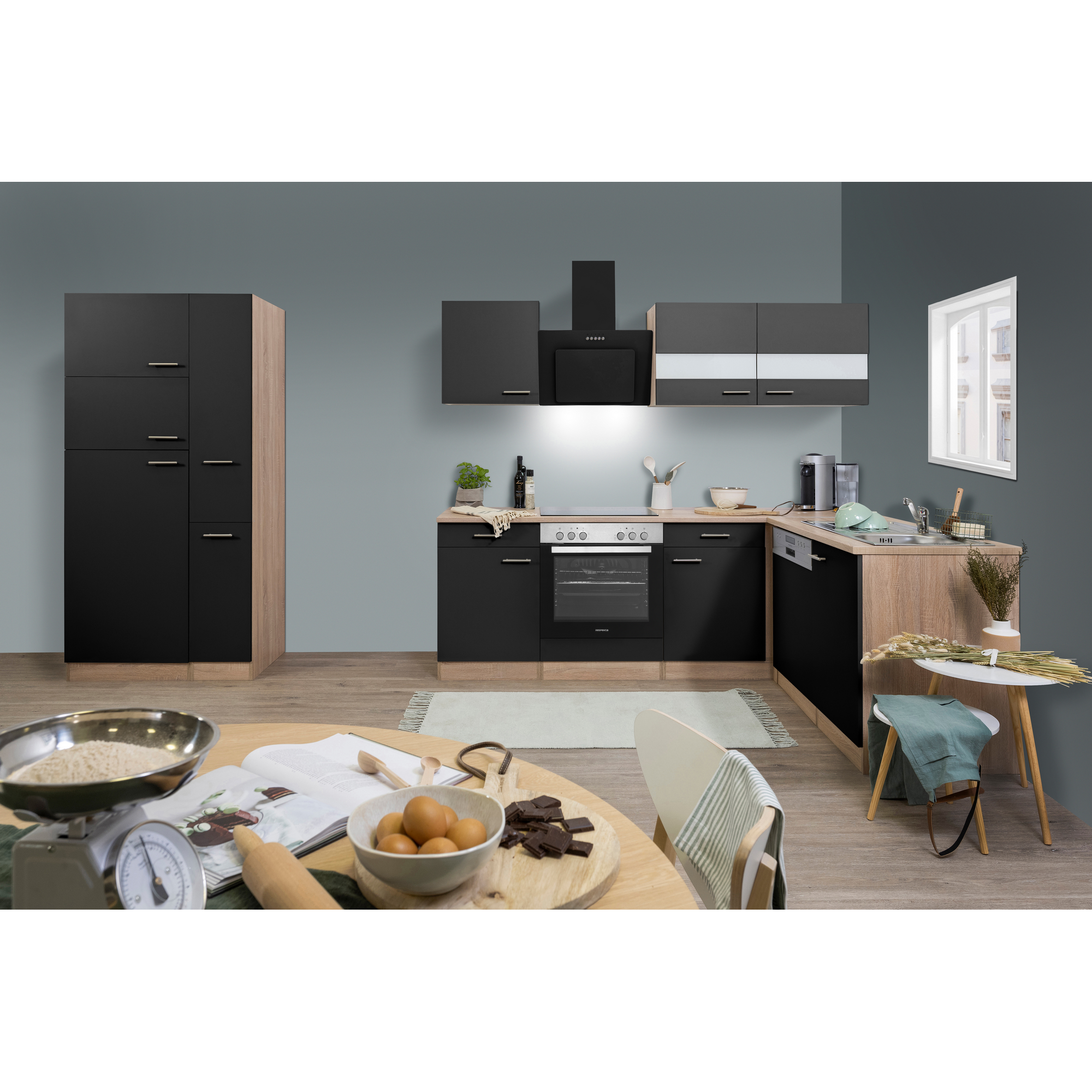 L-Küchenzeile 'Merle' mit E-Geräten KBL310ESSSC schwarz/eichefarben 310 cm