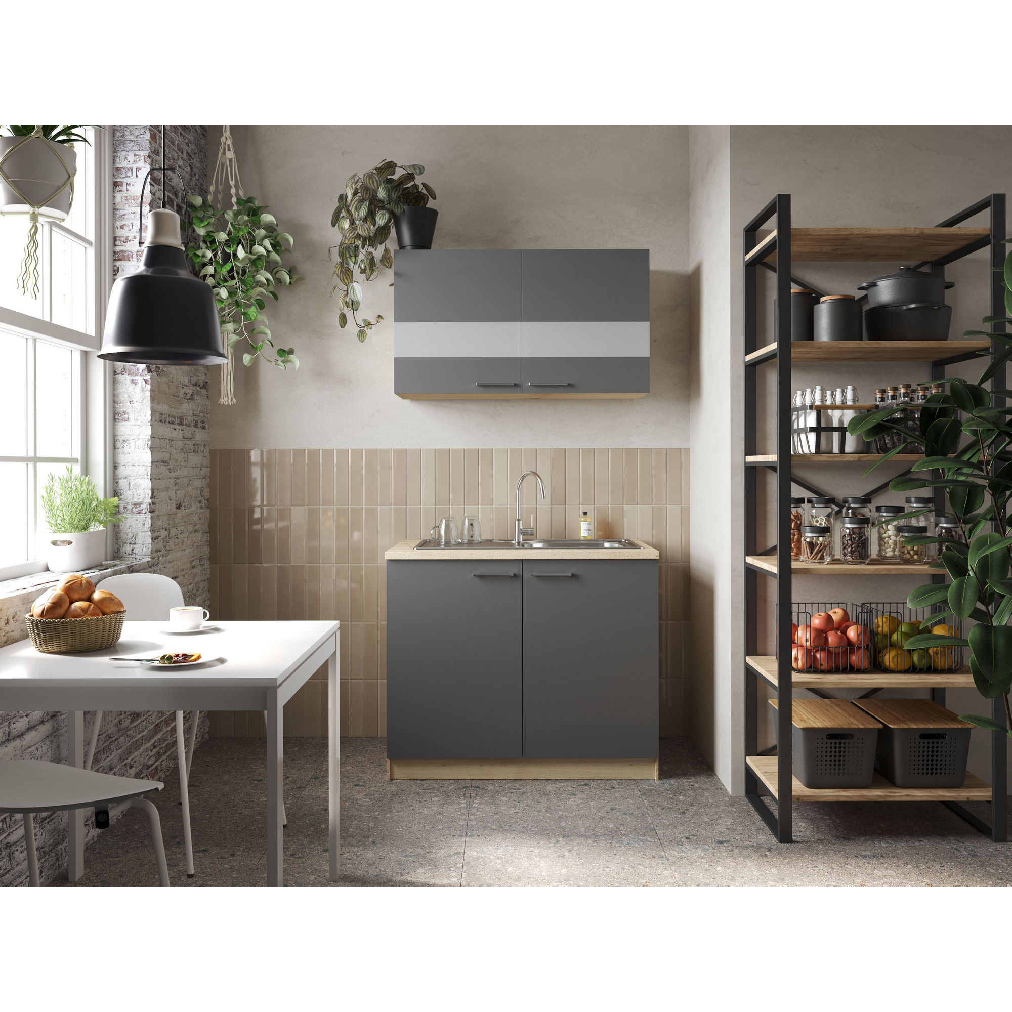 Küchenmöbel-Set 'Merle 1' grau/eichefarben mit Spüle 100 cm