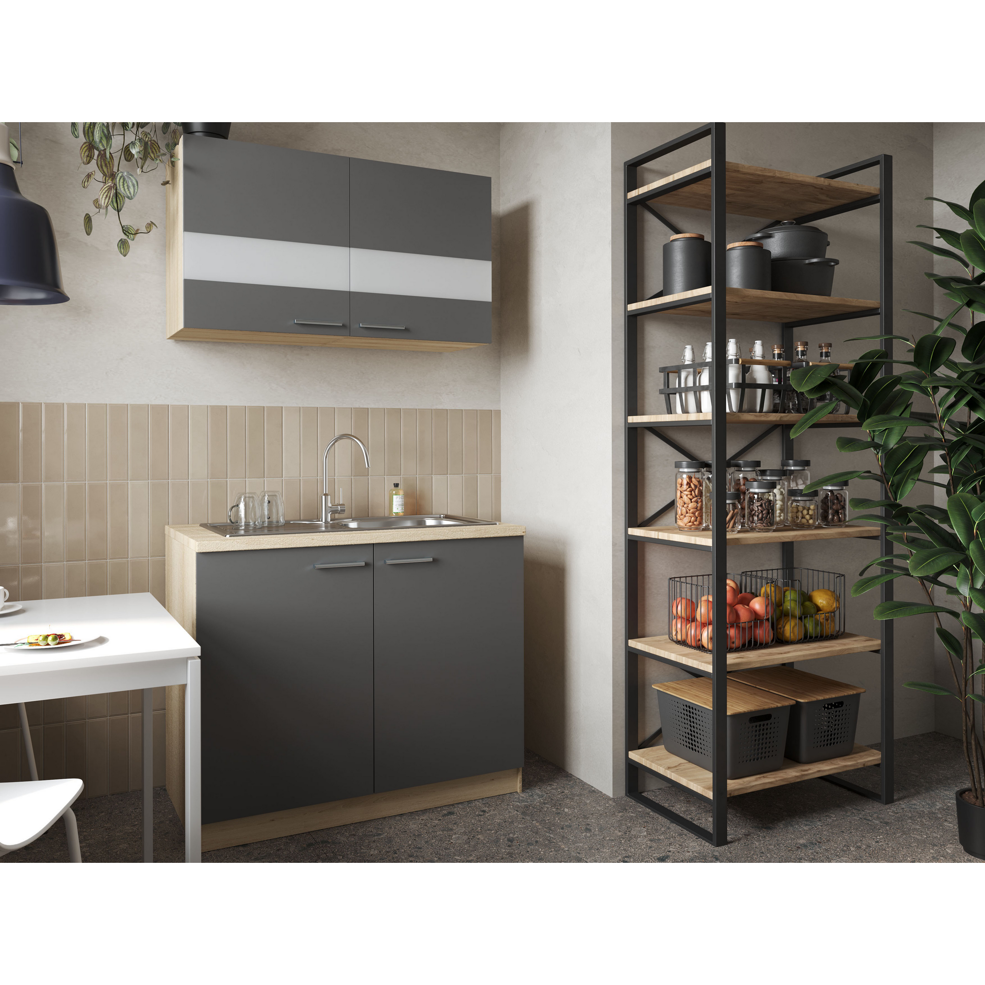 Küchenmöbel-Set 'Merle 1' grau/eichefarben mit Spüle 100 cm