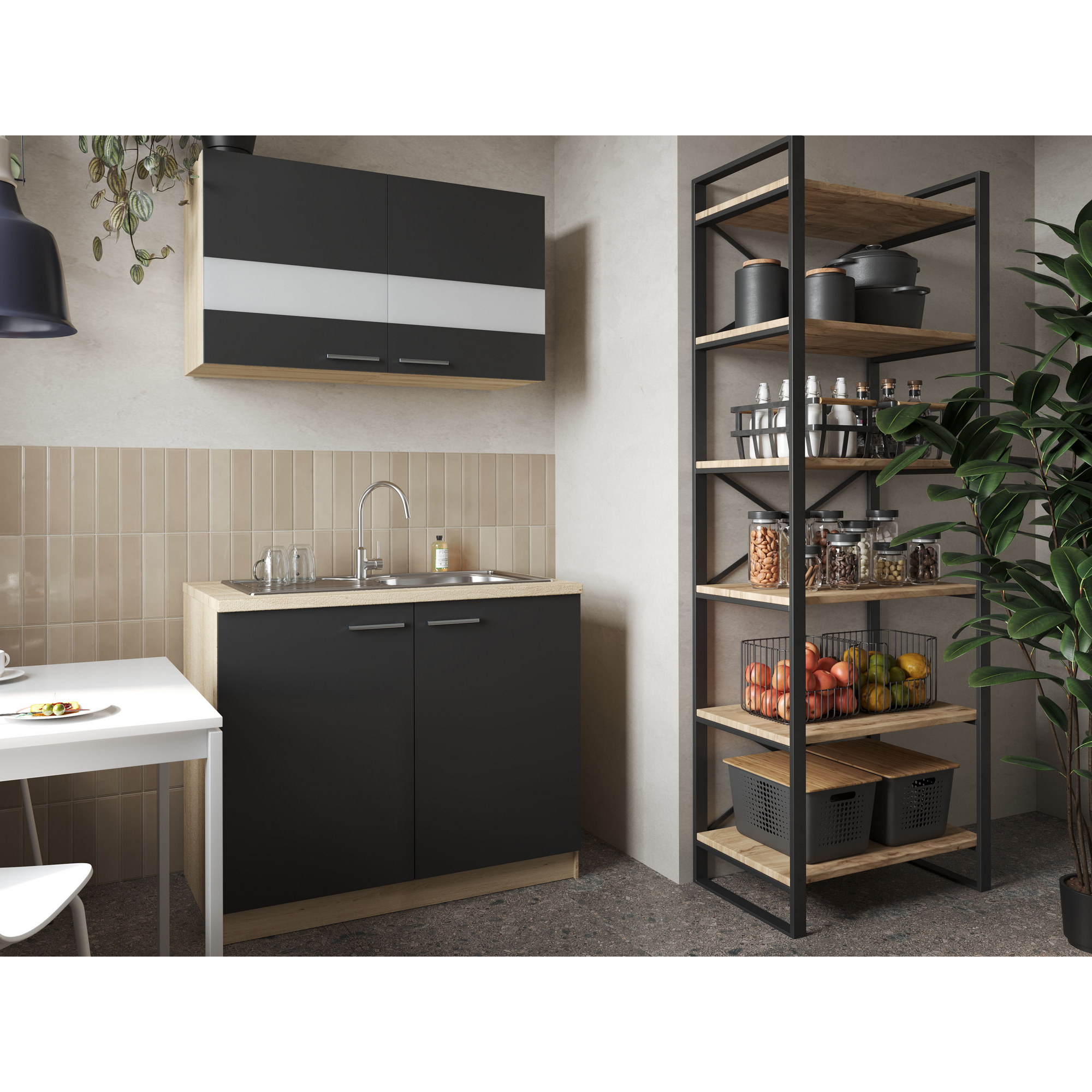 Küchenmöbel-Set 'Merle 1' schwarz/eichefarben mit Spüle 100 cm