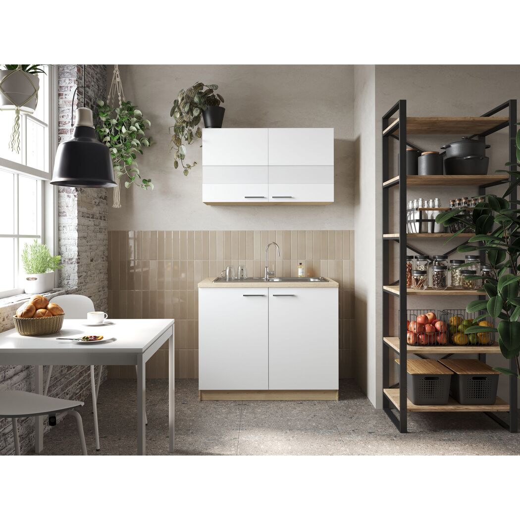 Küchenmöbel-Set 'Merle 1' weiß/eichefarben mit Spüle 100 cm