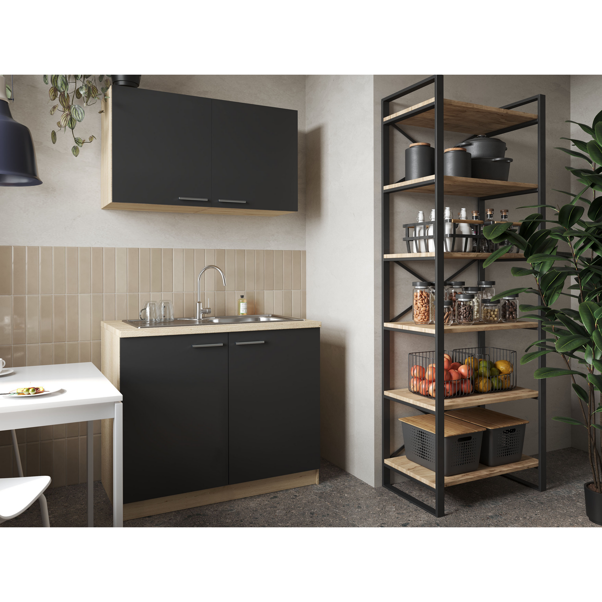 Küchenmöbel-Set 'Merle 2' schwarz/eichefarben mit Spüle 100 cm