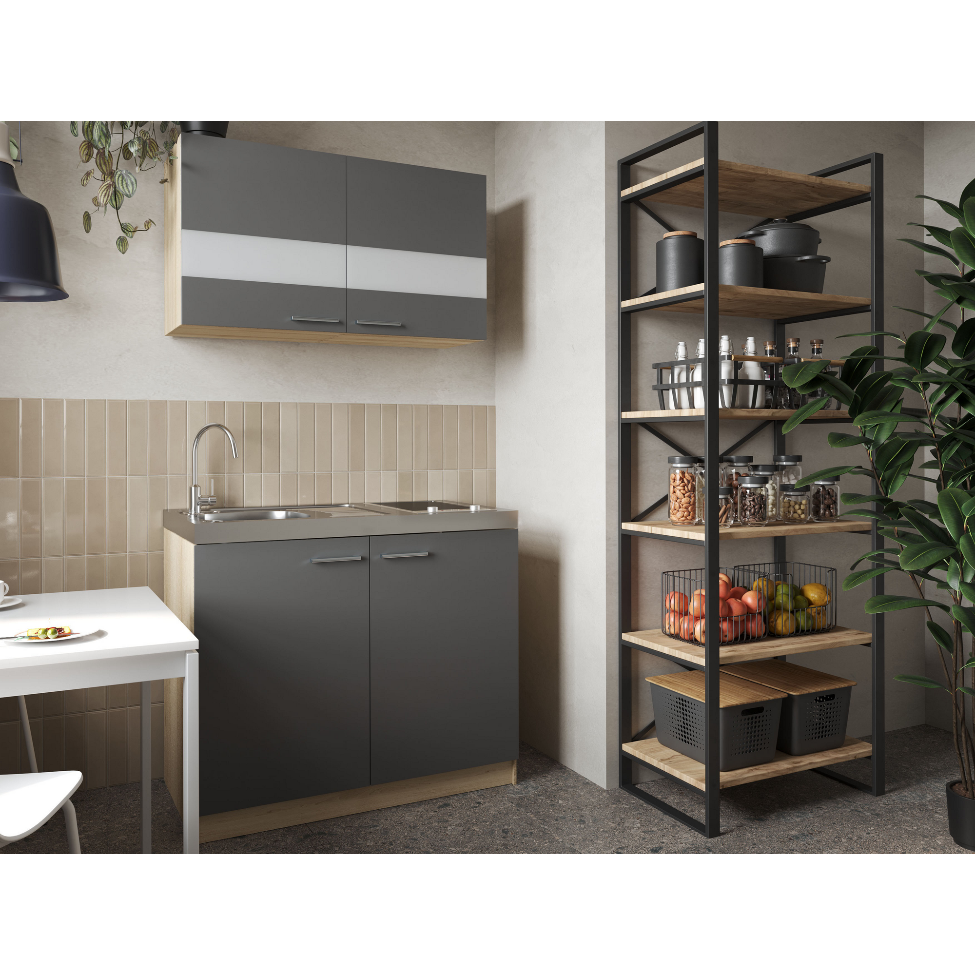 Küchenmöbel-Set 'Merle 3' grau/eichefarben mit Spüle und Glaskeramikkochfeld 100 cm