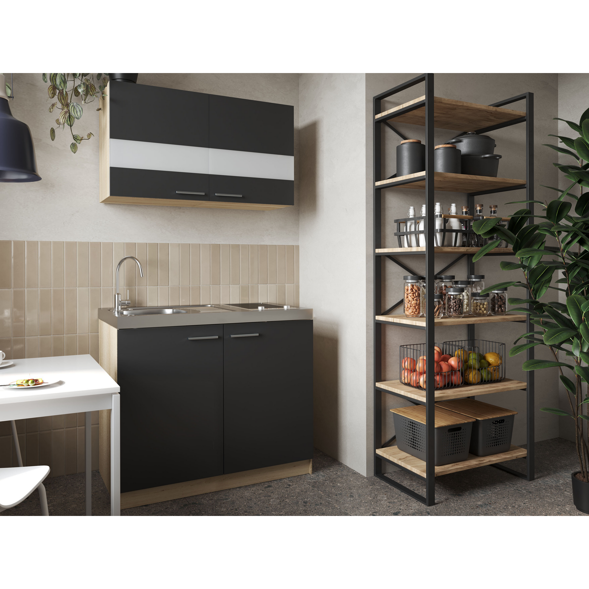 Küchenmöbel-Set 'Merle 3' schwarz/eichefarben mit Spüle und Glaskeramikkochfeld 100 cm