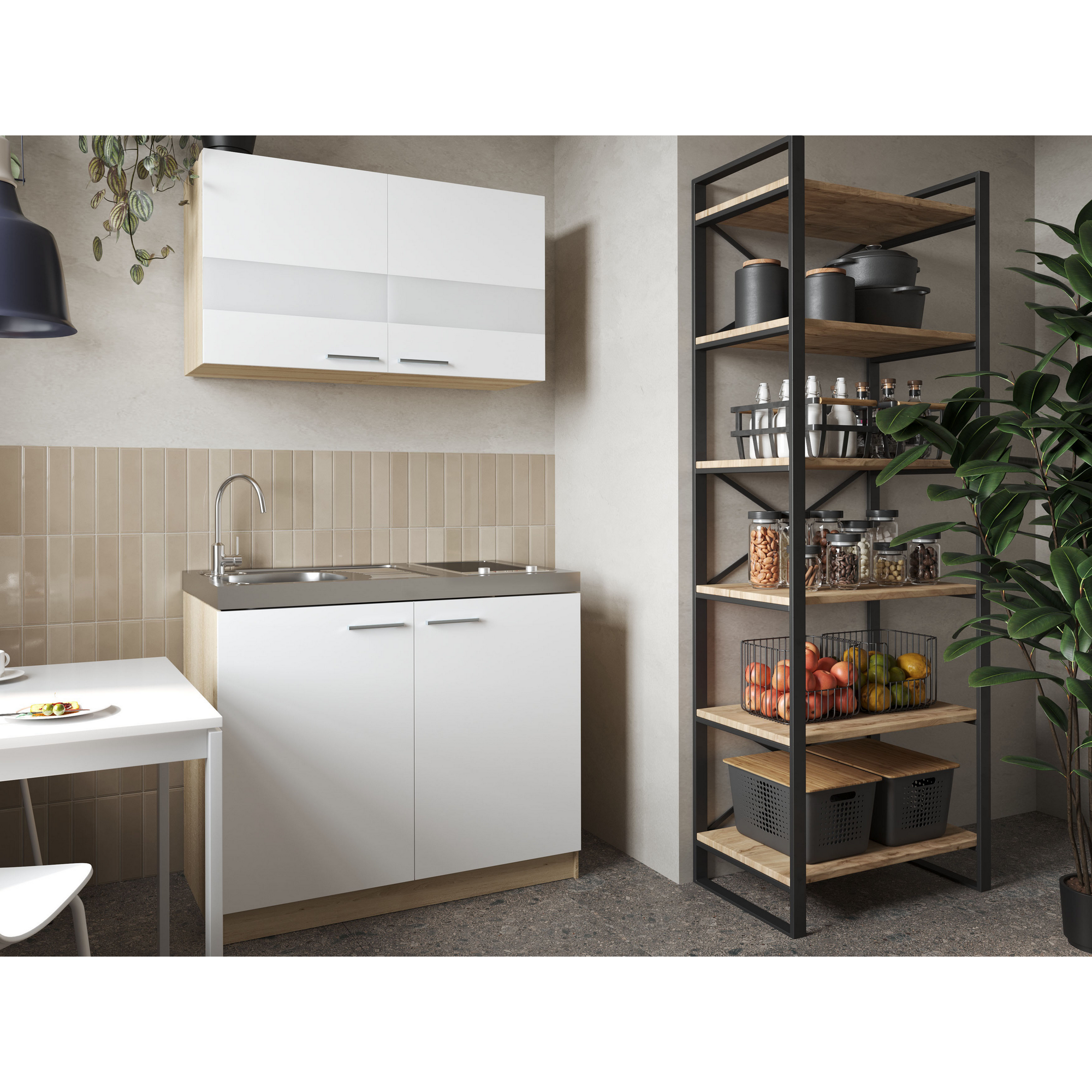 Küchenmöbel-Set 'Merle 3' weiß/eichefarben mit Spüle und Glaskeramikkochfeld 100 cm