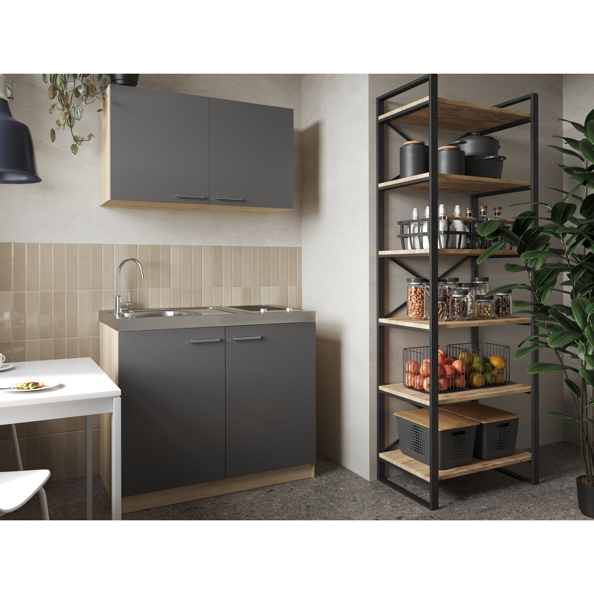 Küchenmöbel-Set 'Merle 4'  grau/eichefarben mit Spüle und Glaskeramikkochfeld 100 cm