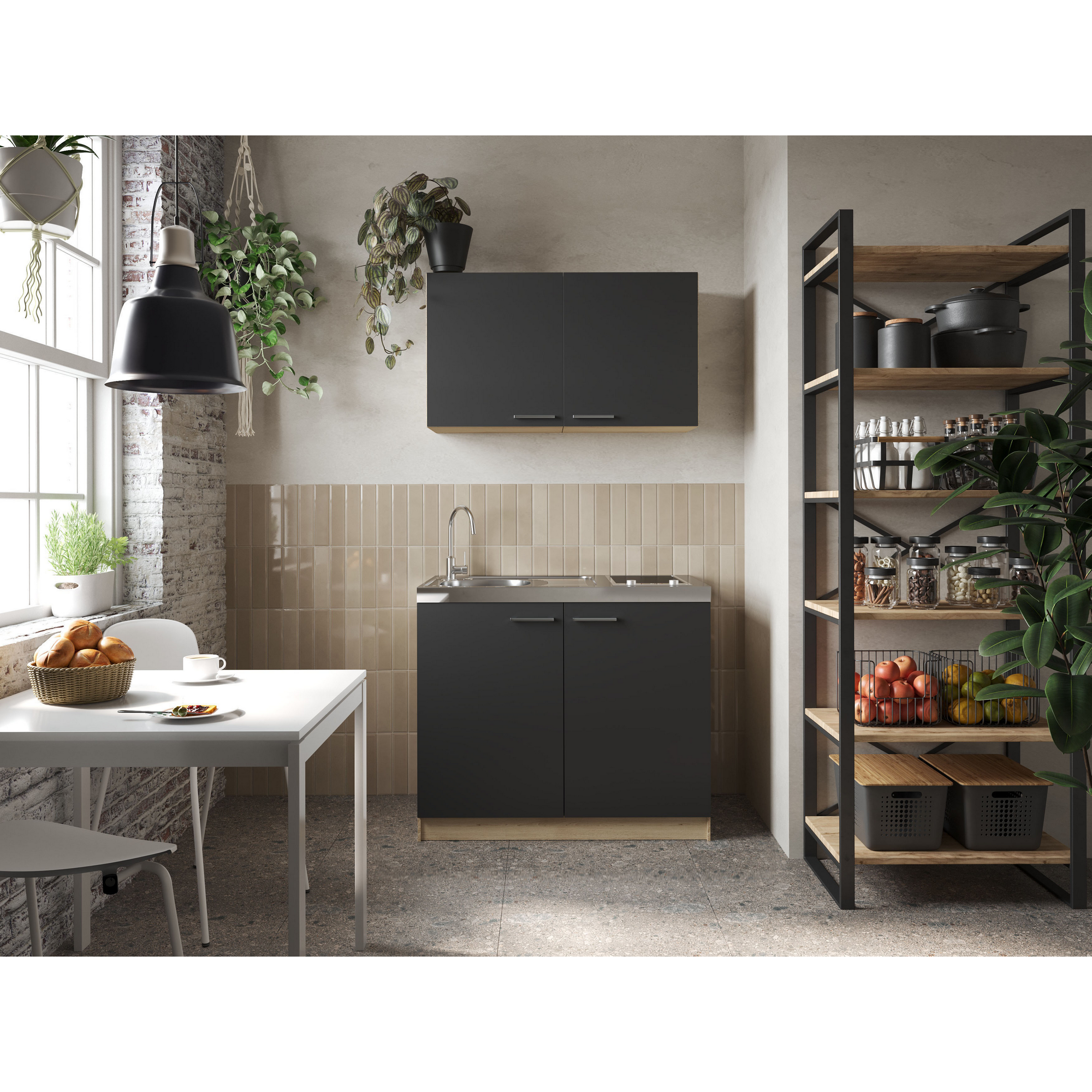 Küchenmöbel-Set 'Merle 4'  schwarz/eichefarben mit Spüle und Glaskeramikkochfeld 100 cm