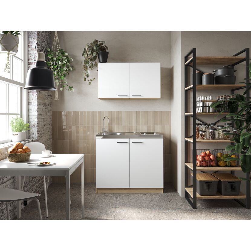 Küchenmöbel-Set 'Merle 4'  weiß/eichefarben mit Spüle und Glaskeramikkochfeld 100 cm