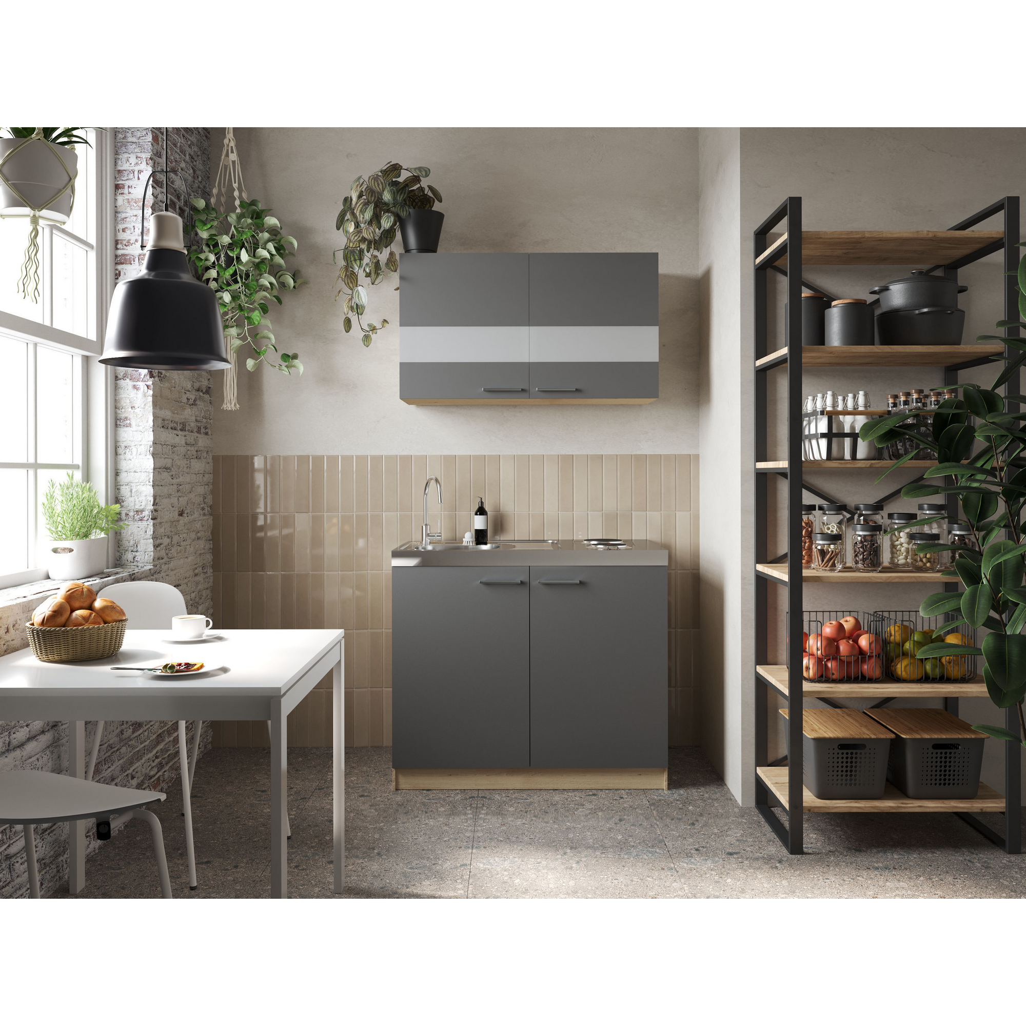 Küchenmöbel-Set 'Merle 5' grau/eichefarben mit Spüle und Edelstahlkochmulde 100 cm