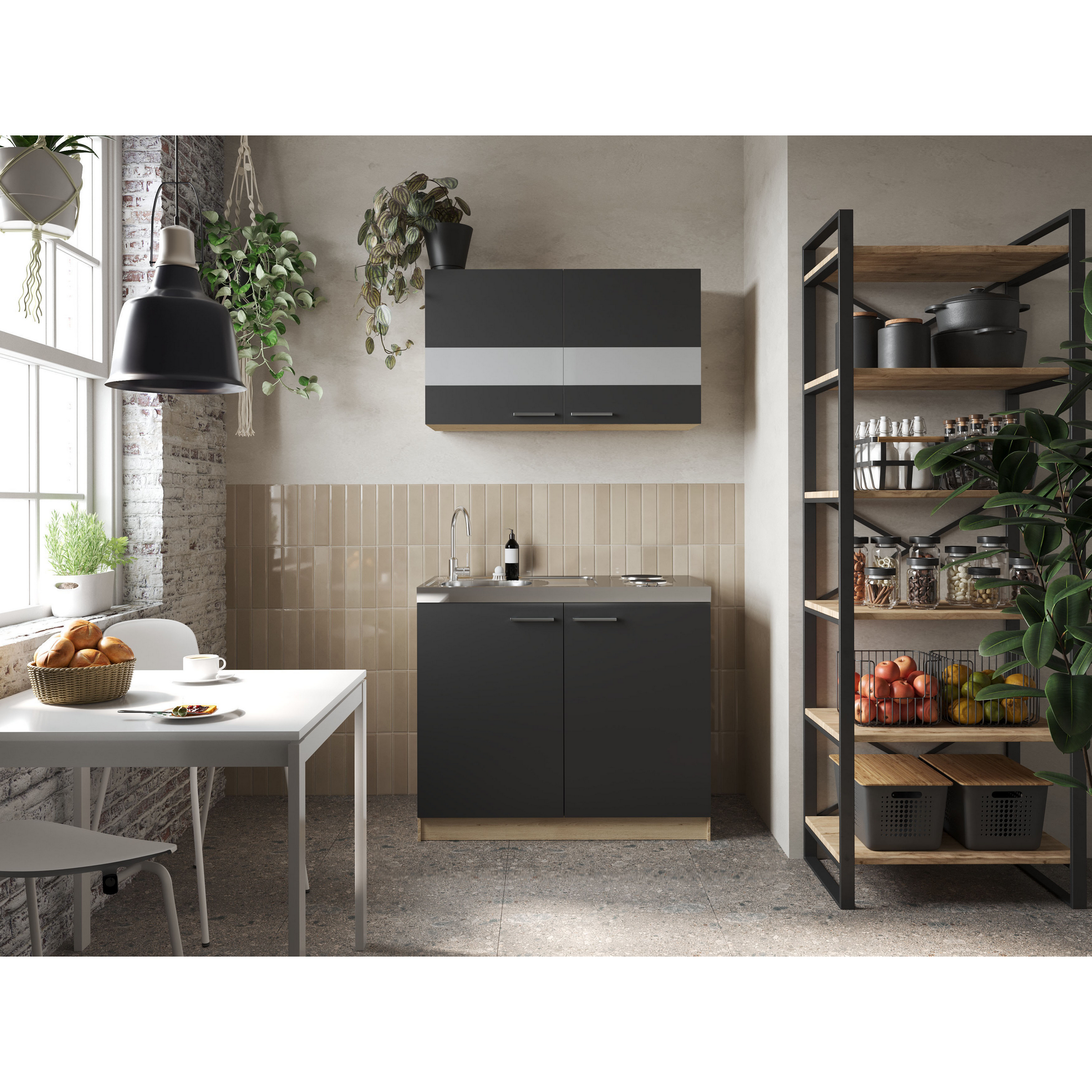 Küchenmöbel-Set 'Merle 5' schwarz/eichefarben mit Spüle und Edelstahlkochmulde 100 cm