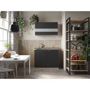 Küchenmöbel-Set 'Merle 5' schwarz/eichefarben mit Spüle und Edelstahlkochmulde 100 cm