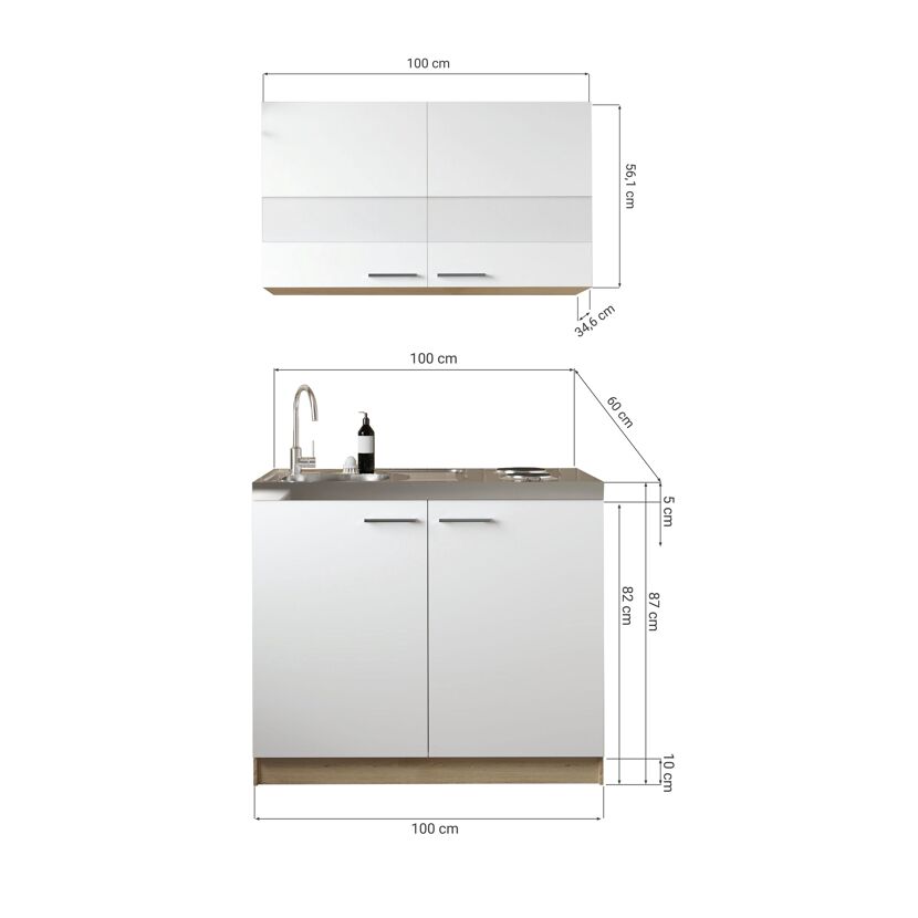 Küchenmöbel-Set 'Merle 5' weiß/eichefarben mit Spüle und Edelstahlkochmulde 100 cm