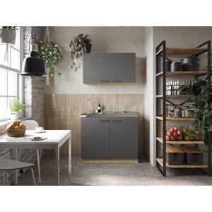 Küchenmöbel-Set 'Merle 6' grau/eichefarben mit Spüle und Edelstahlkochmulde 100 cm