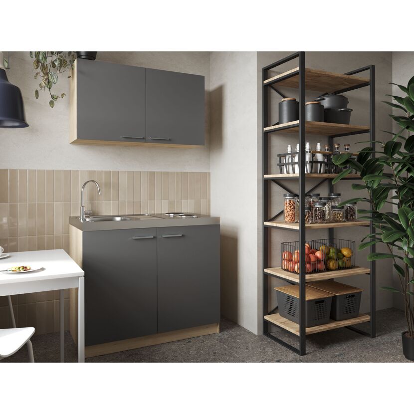 Küchenmöbel-Set 'Merle 6' grau/eichefarben mit Spüle und Edelstahlkochmulde 100 cm