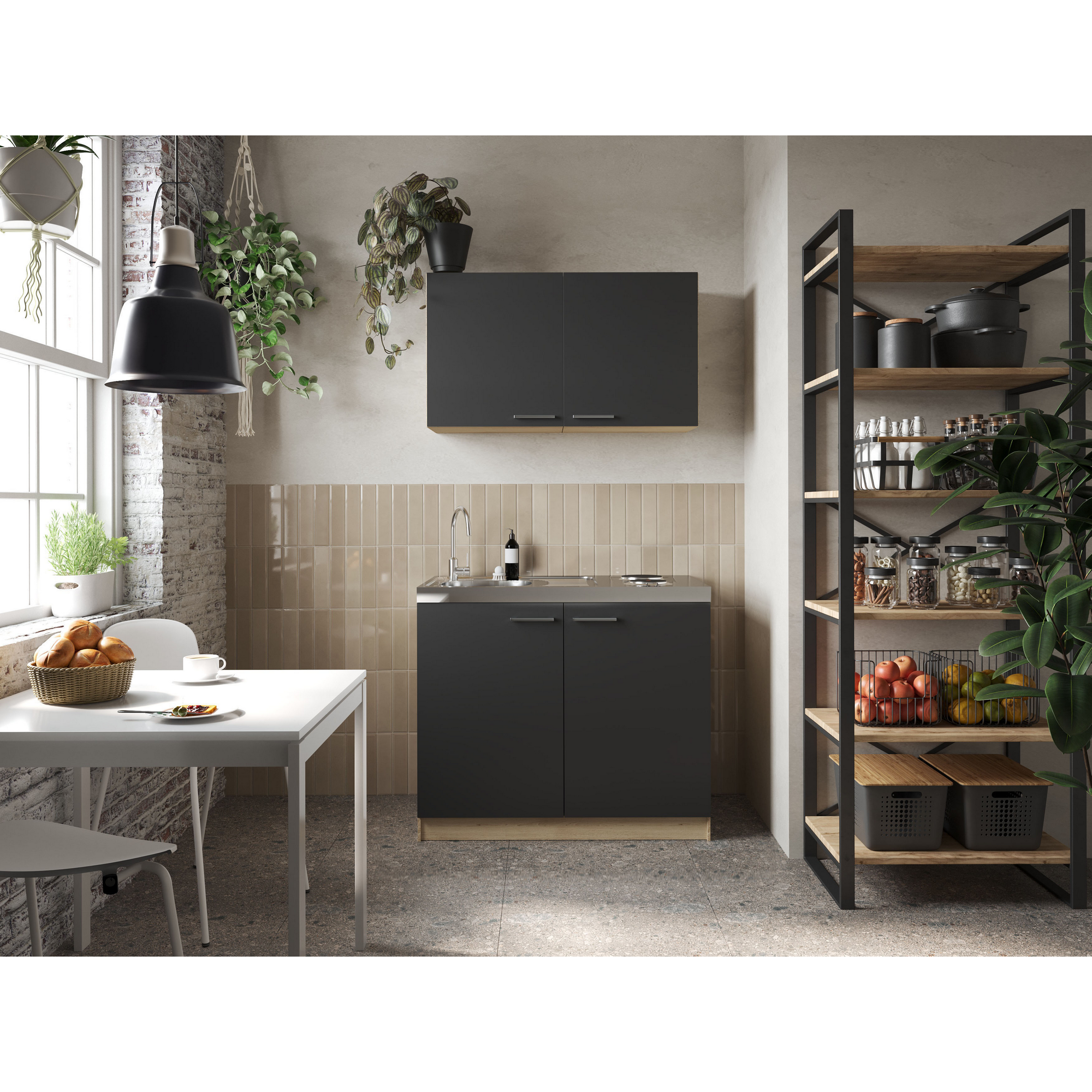 Küchenmöbel-Set 'Merle 6' schwarz/eichefarben mit Spüle und Edelstahlkochmulde 100 cm