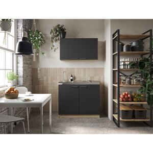 Küchenmöbel-Set 'Merle 6' schwarz/eichefarben mit Spüle und Edelstahlkochmulde 100 cm