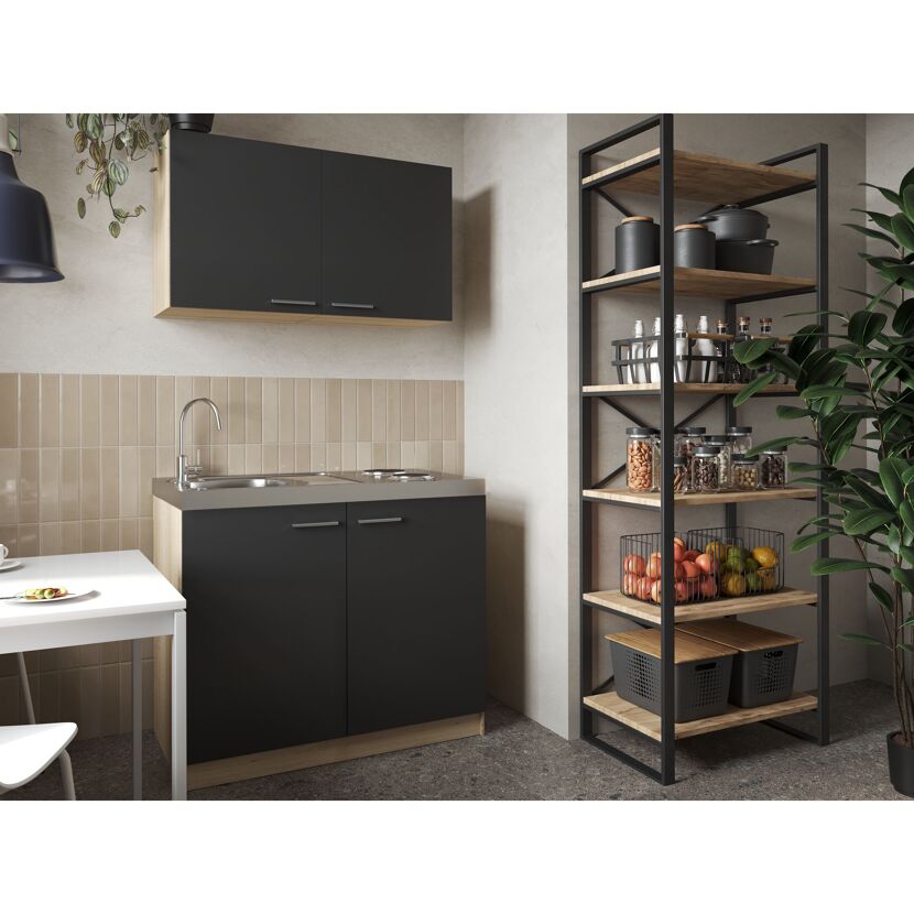 Küchenmöbel-Set 'Merle 6' schwarz/eichefarben mit Spüle und Edelstahlkochmulde 100 cm