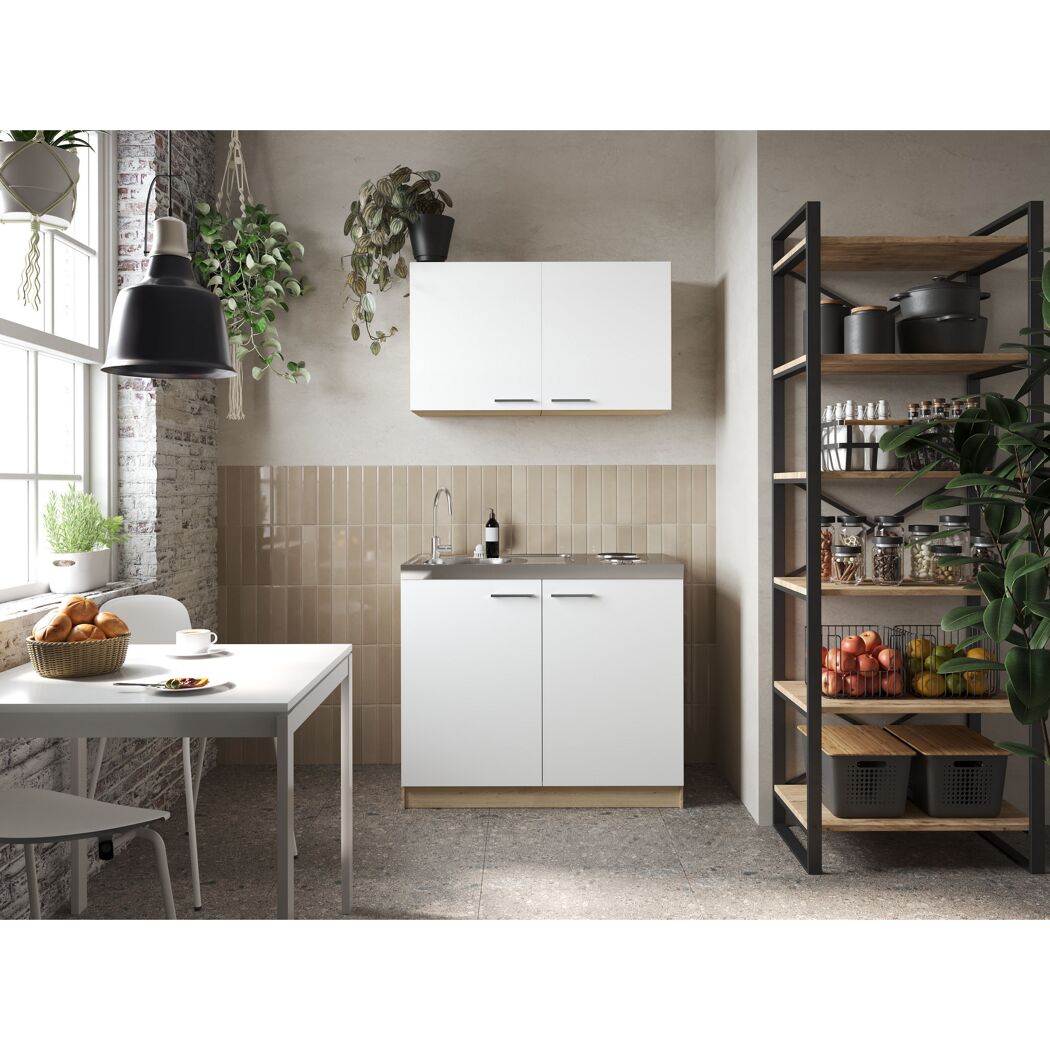 Küchenmöbel-Set 'Merle 6' weiß/eichefarben mit Spüle und Edelstahlkochmulde 100 cm