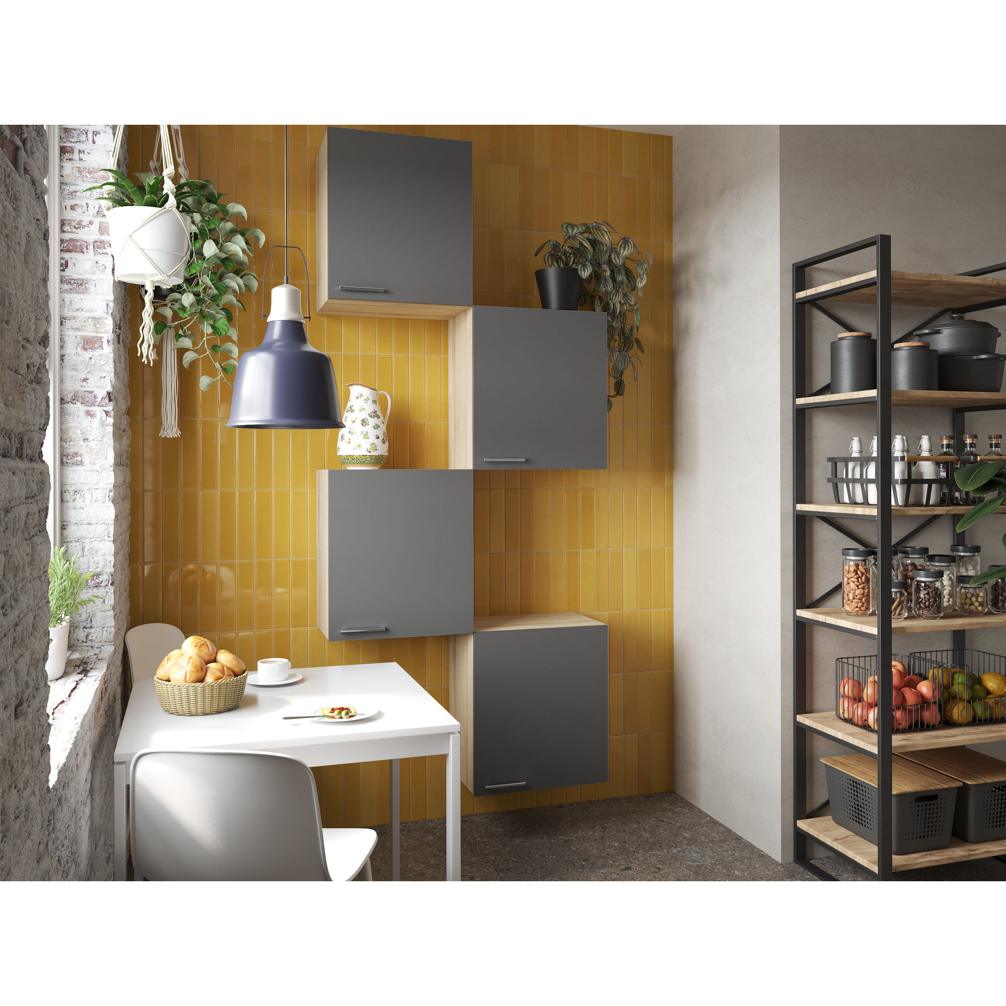 Küchenmöbel-Set 'Merle 7' grau/eichefarben 4 x Oberschränke 50 cm