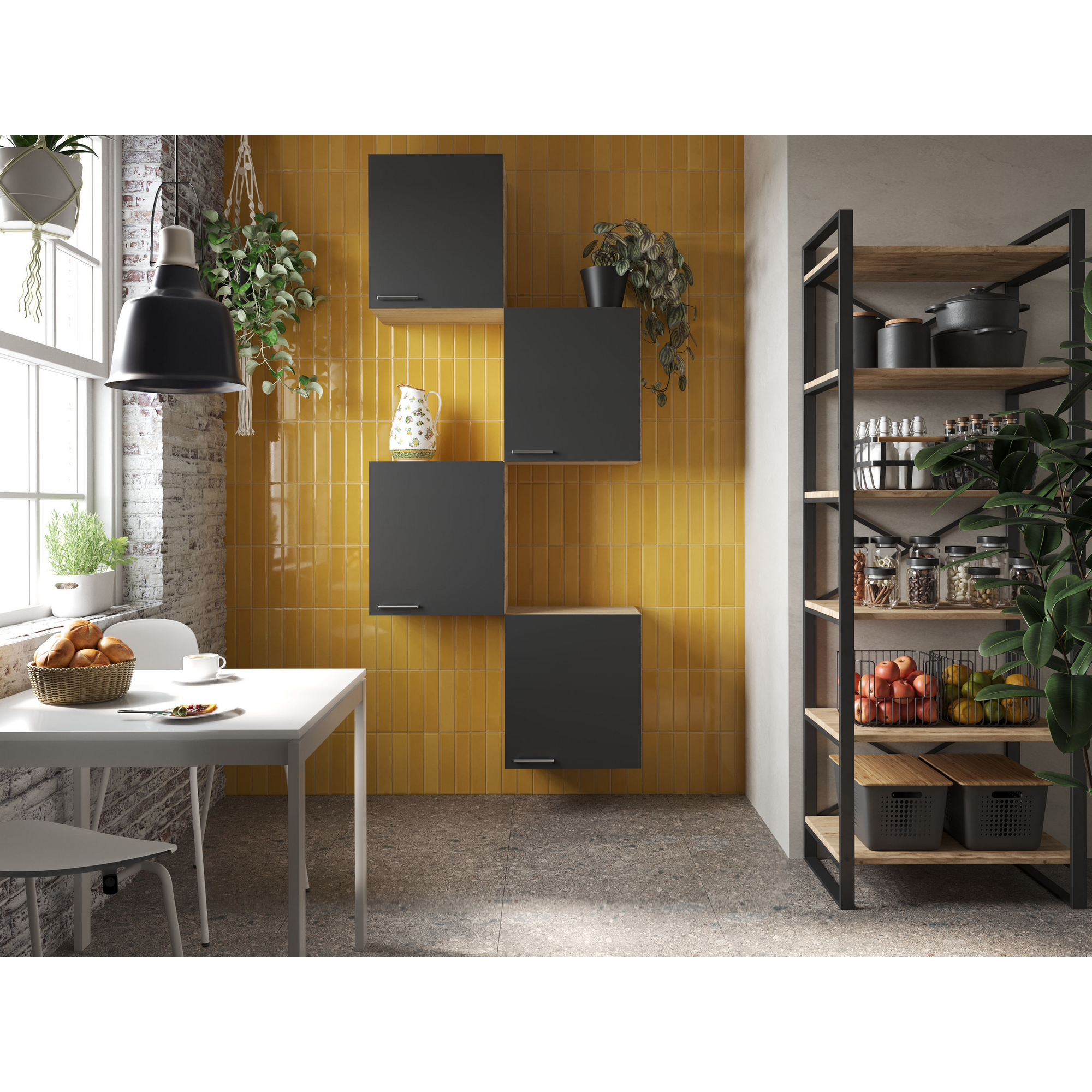 Küchenmöbel-Set 'Merle 7' schwarz/eichefarben 4 x Oberschränke 50 cm