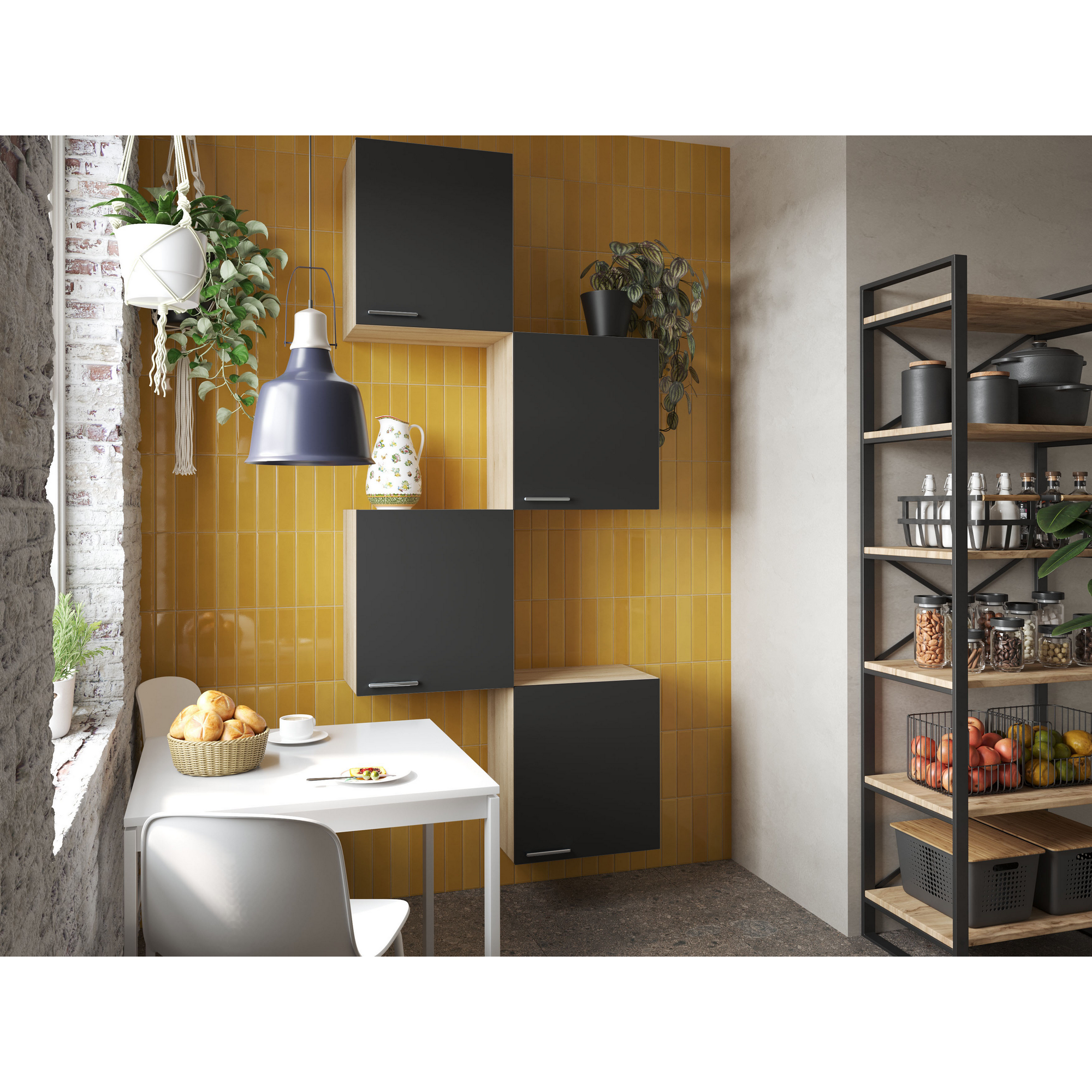 Küchenmöbel-Set 'Merle 7' schwarz/eichefarben 4 x Oberschränke 50 cm