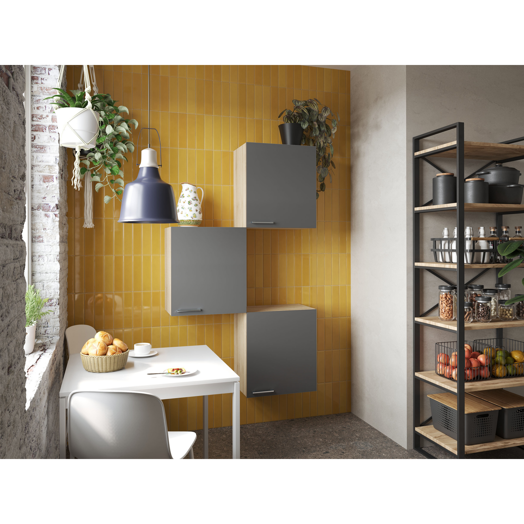 Küchenmöbel-Set 'Merle 8'  grau/eichefarben 3 x Oberschränke 50 cm