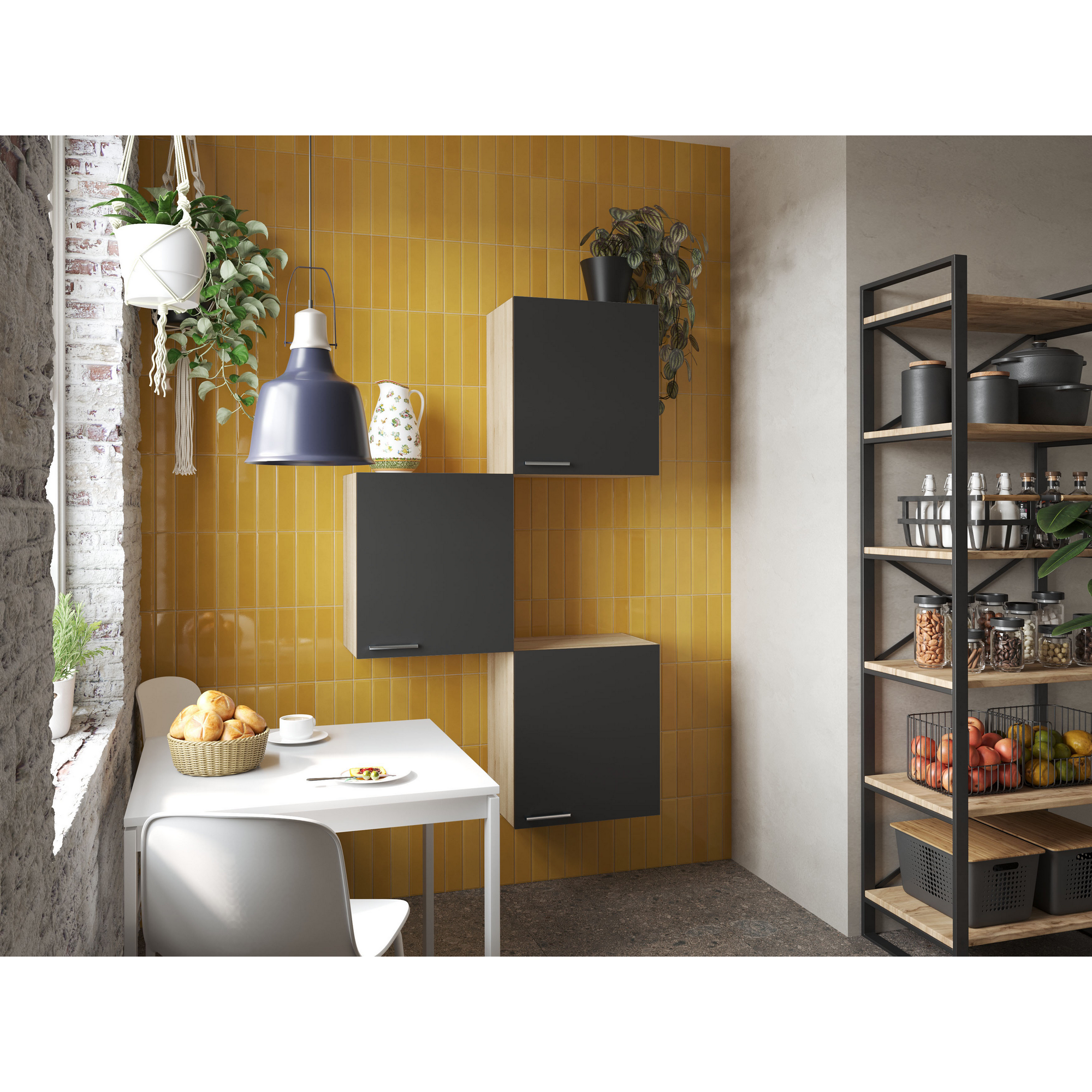 Küchenmöbel-Set 'Merle 8'  schwarz/eichefarben 3 x Oberschränke 50 cm