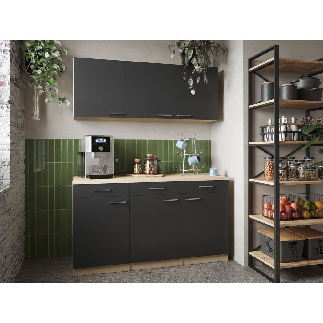 Küchenmöbel-Set 'Merle 12' schwarz/eichefarben 150 cm