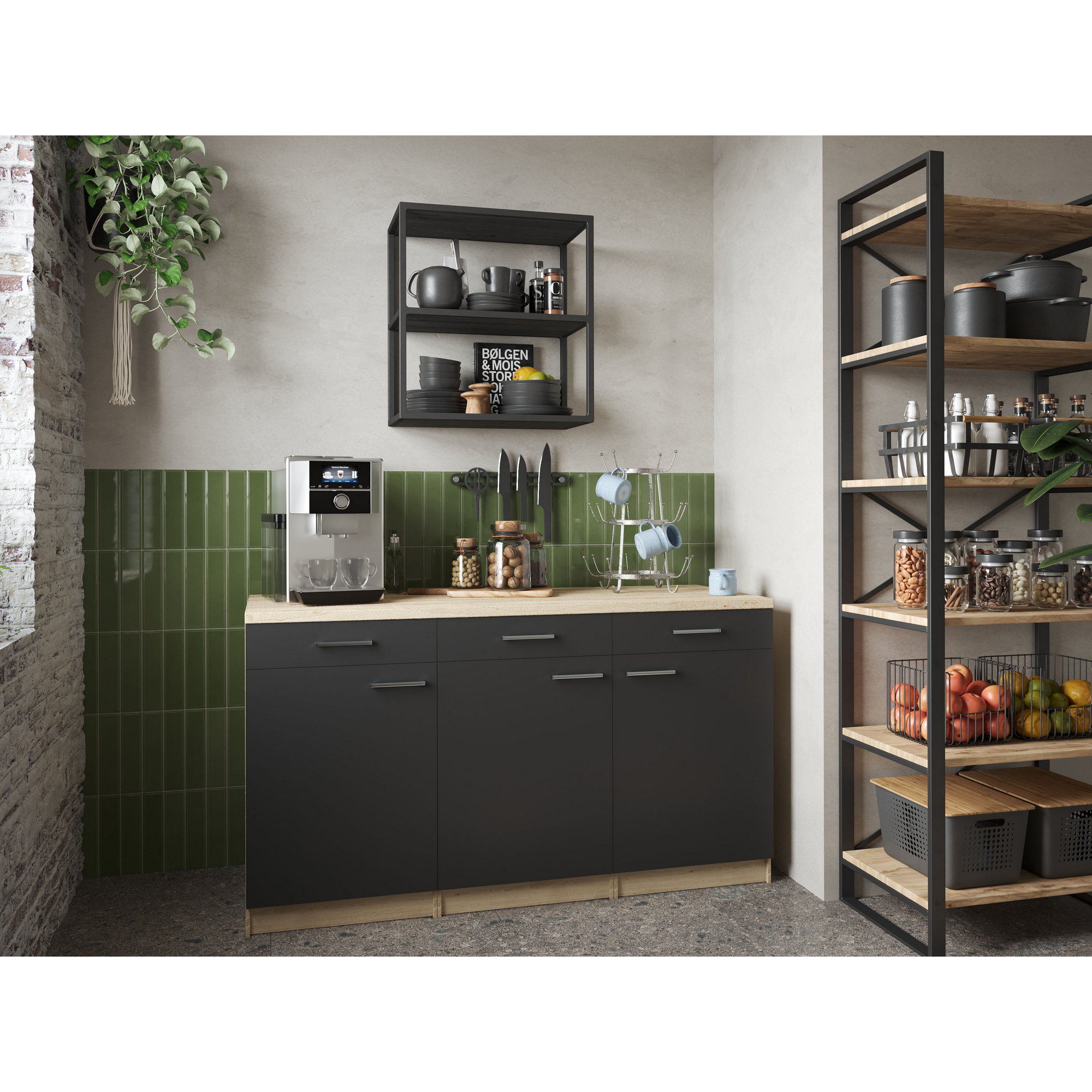 Küchenmöbel-Set 'Merle 13' schwarz/eichefarben 150 x 60 x 85 cm