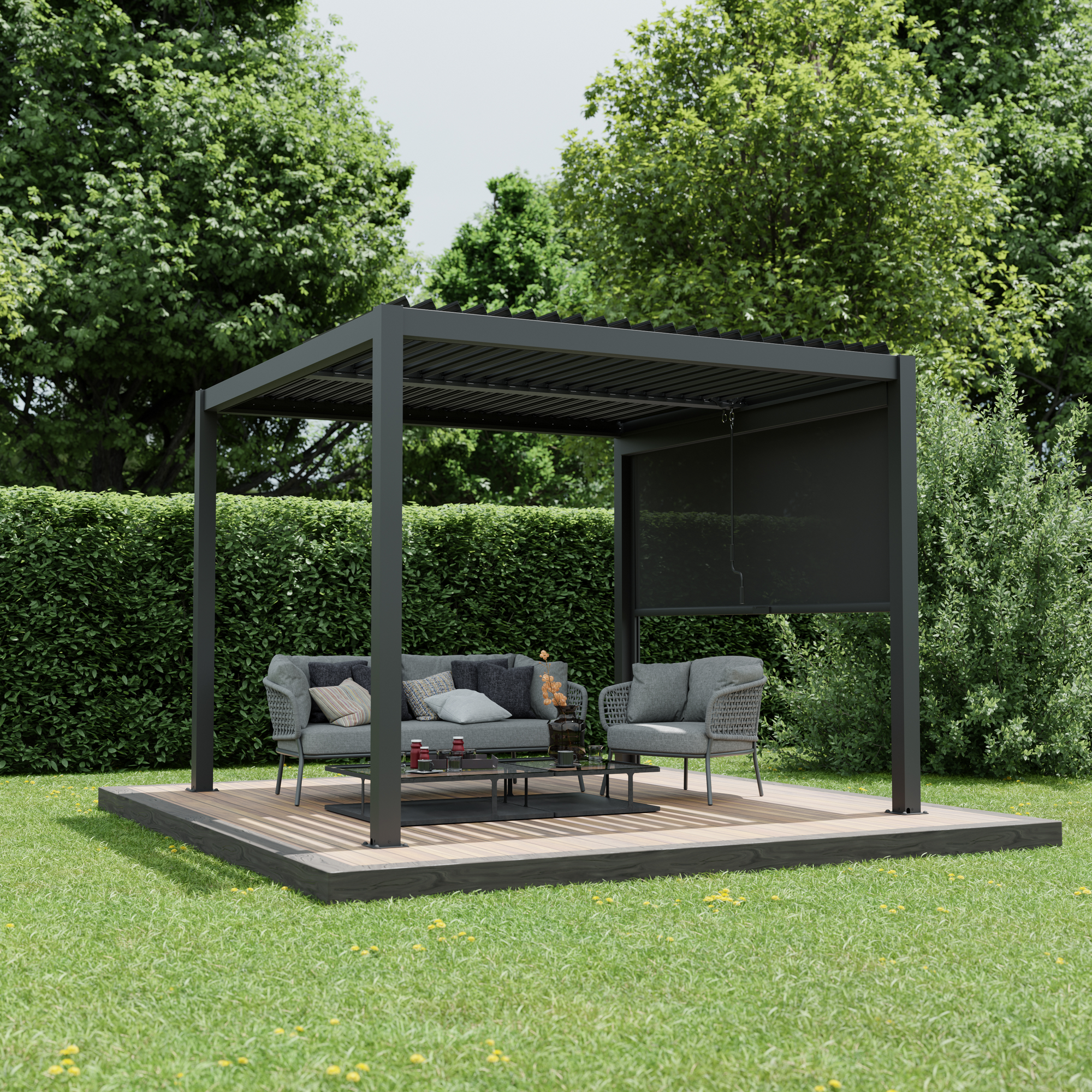 Pergola 'Shade' Aluminium dunkelgrau 3 x 3 m manuell inklusive 1 x Seitenmarkise 3 m manuell