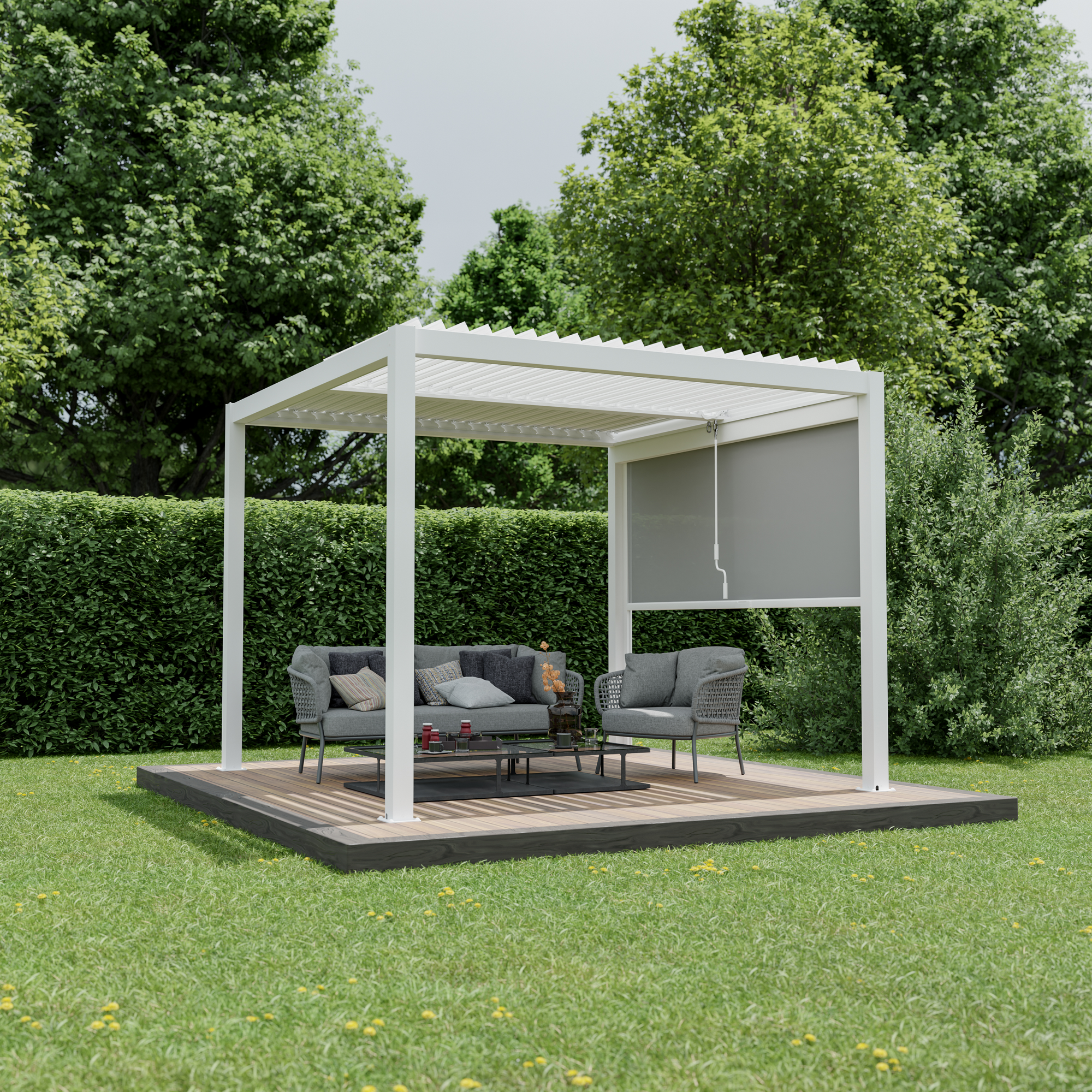 Pergola 'Shade' Aluminium weiß 3 x 3 m manuell inklusive 1 x Seitenmarkise 3 m manuell