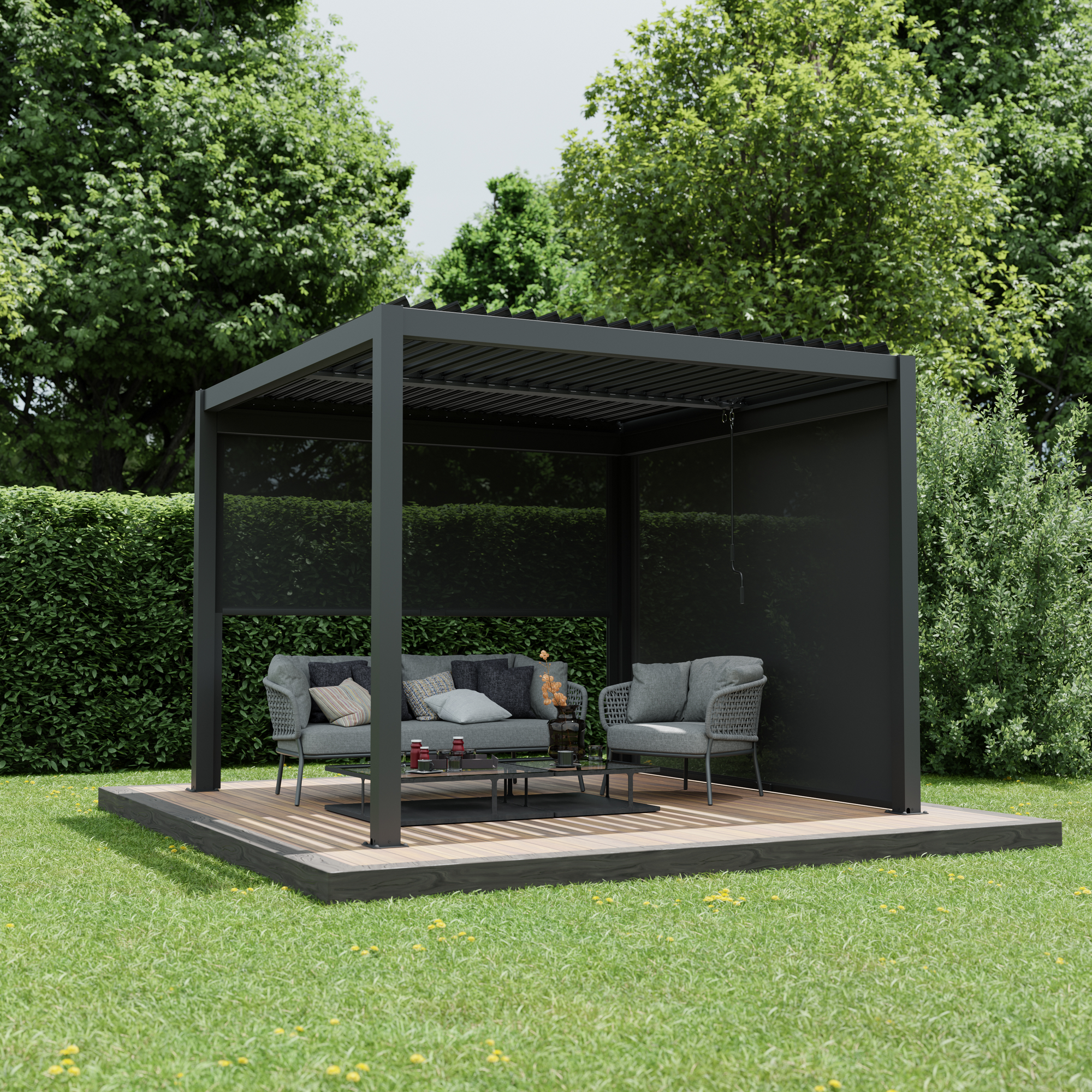 Pergola 'Shade' Aluminium dunkelgrau 3 x 3 m manuell inklusive 2 x Seitenmarkise 3 m manuell